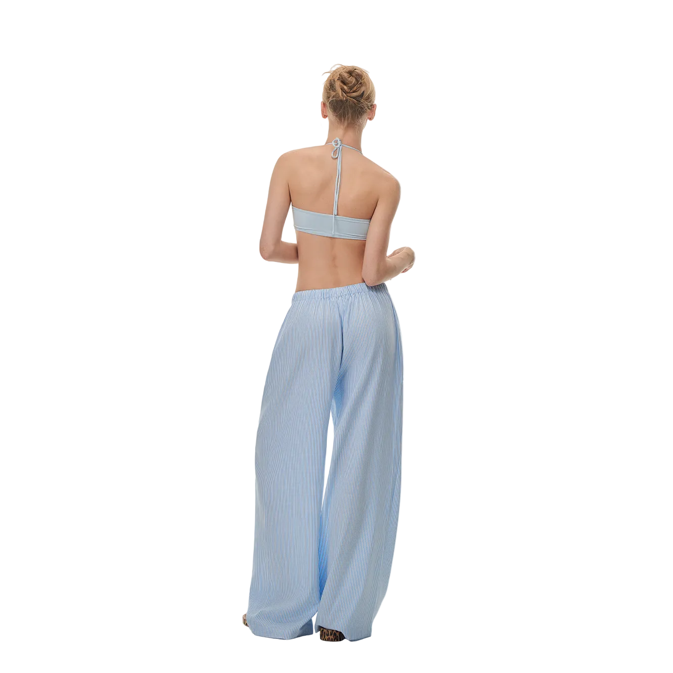 Blue Beaded Striped Casual Pants