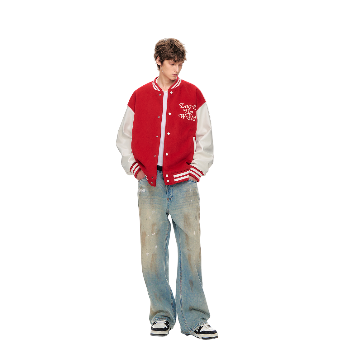 Red Pearl Beaded Embroidery Contrast Color Baseball Jacket