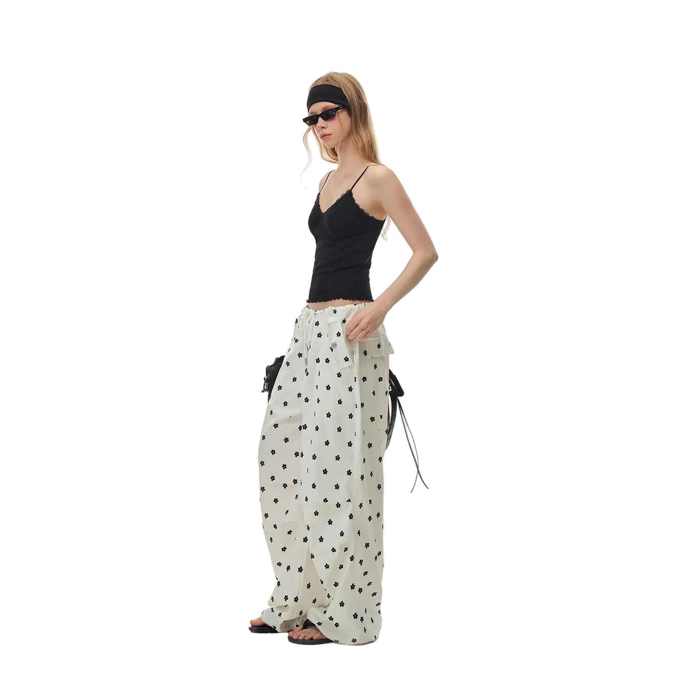 White Printed Double Pleated Drawstring Airy Trousers