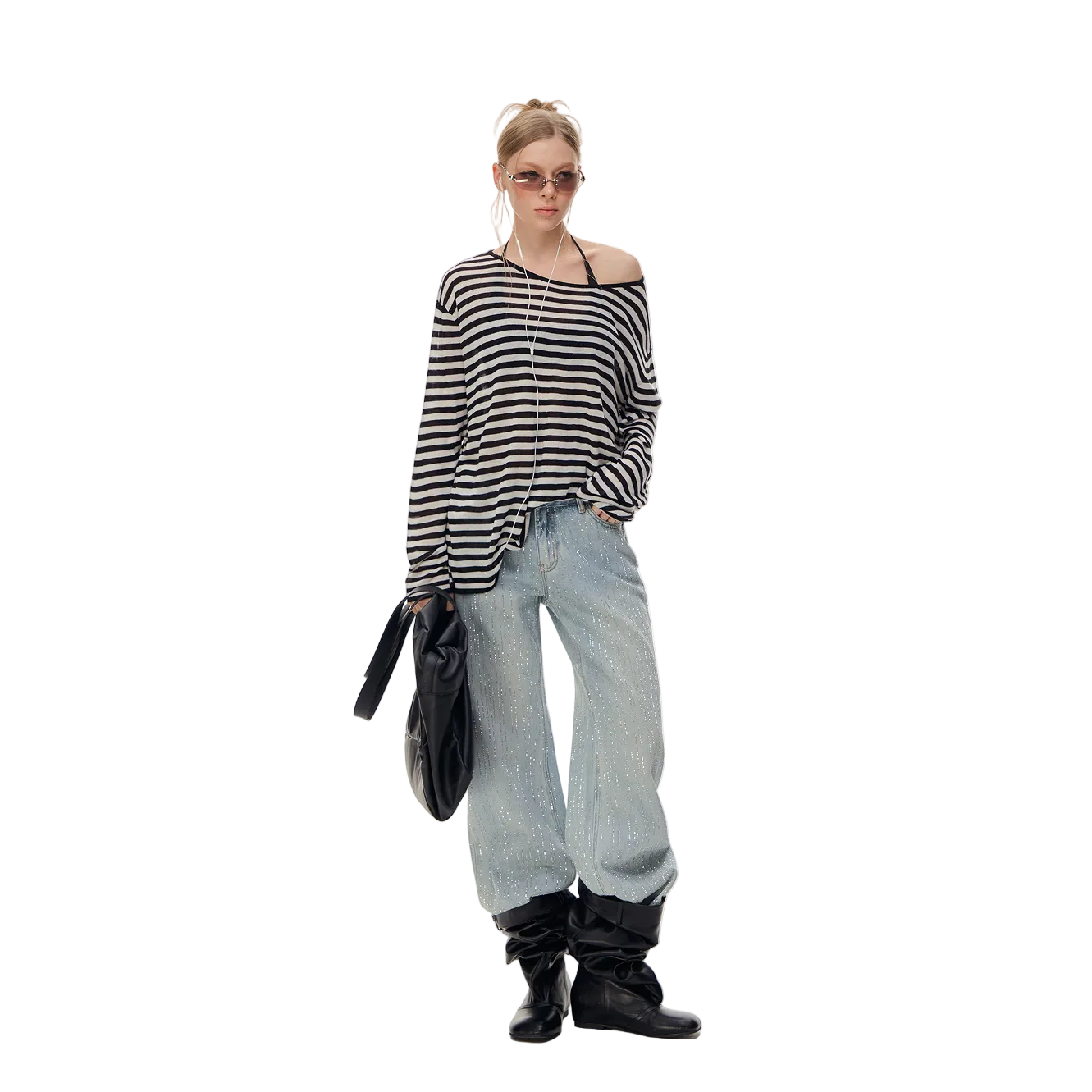 Black Tencel Linen Striped Off-Shoulder Cover-Up T-Shirt