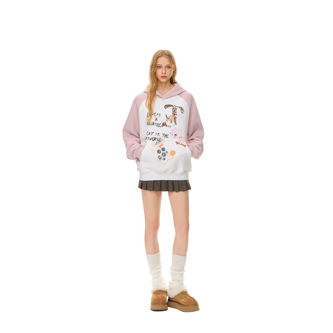 Pink Hand-painted Graffiti Print Raglan Hooded Sweatshirt