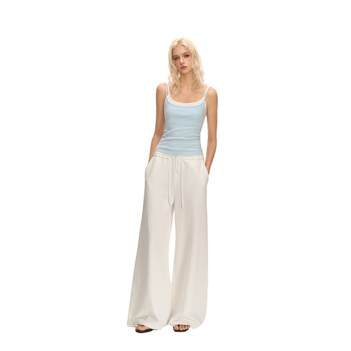 White Button Elastic Waist Curved Texture Casual Sweatpants