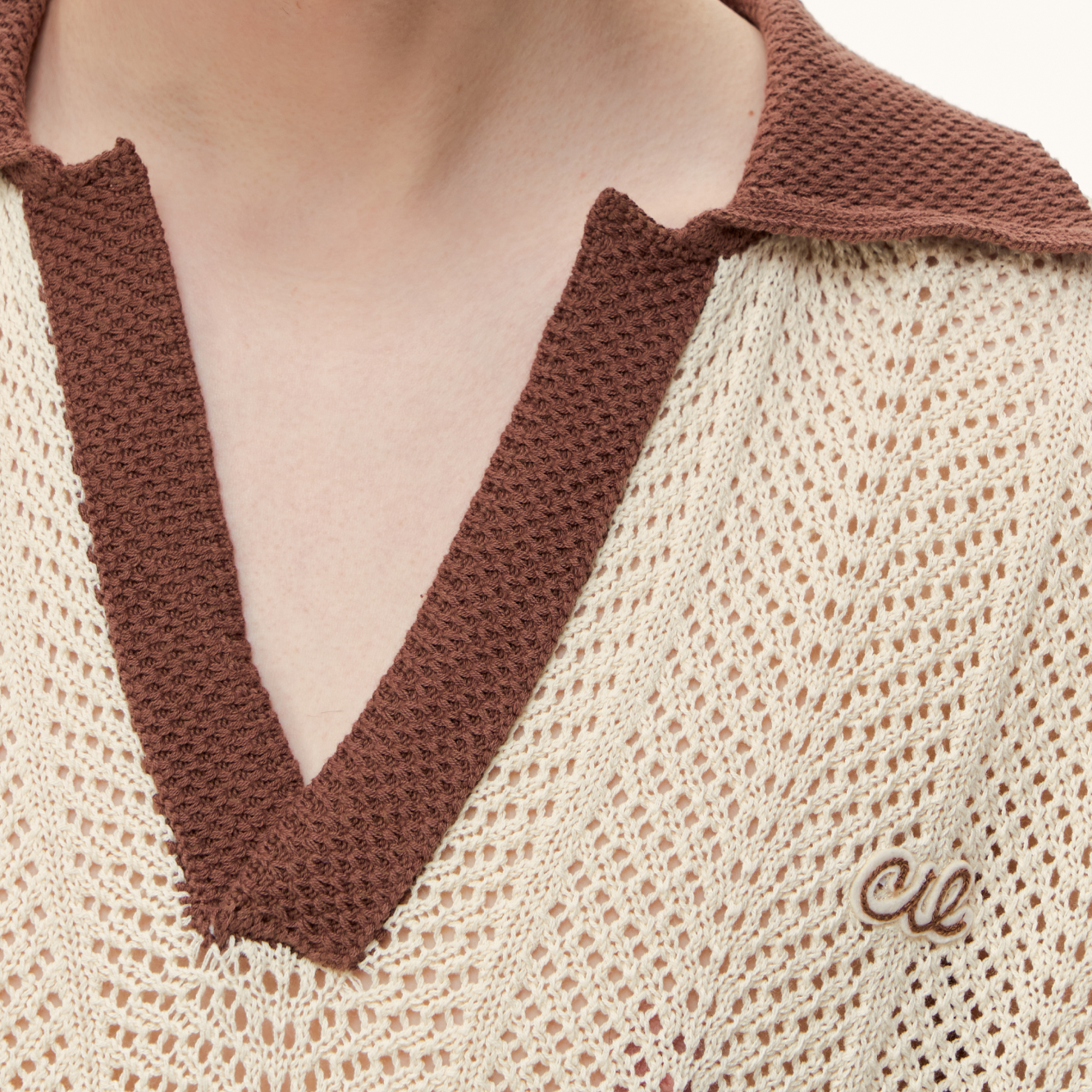 Khaki Color Block Polo Collar Hollow-Out Knit Short-Sleeve