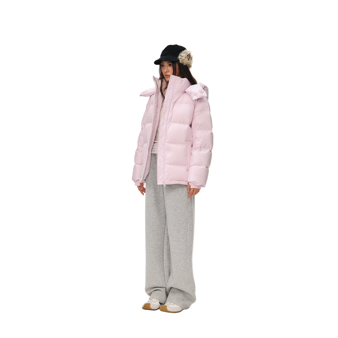 Pink Detachable High-Neck Hooded Warm Down Jacket