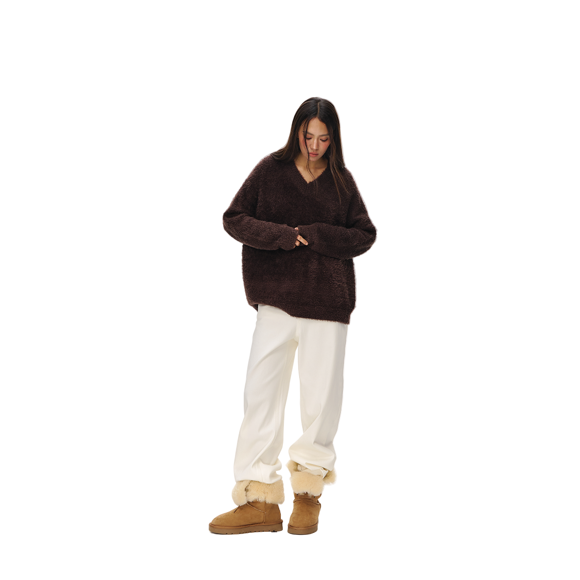 Brown Lazy Style Cloud Fluffy Plush V-Neck Knit Sweater