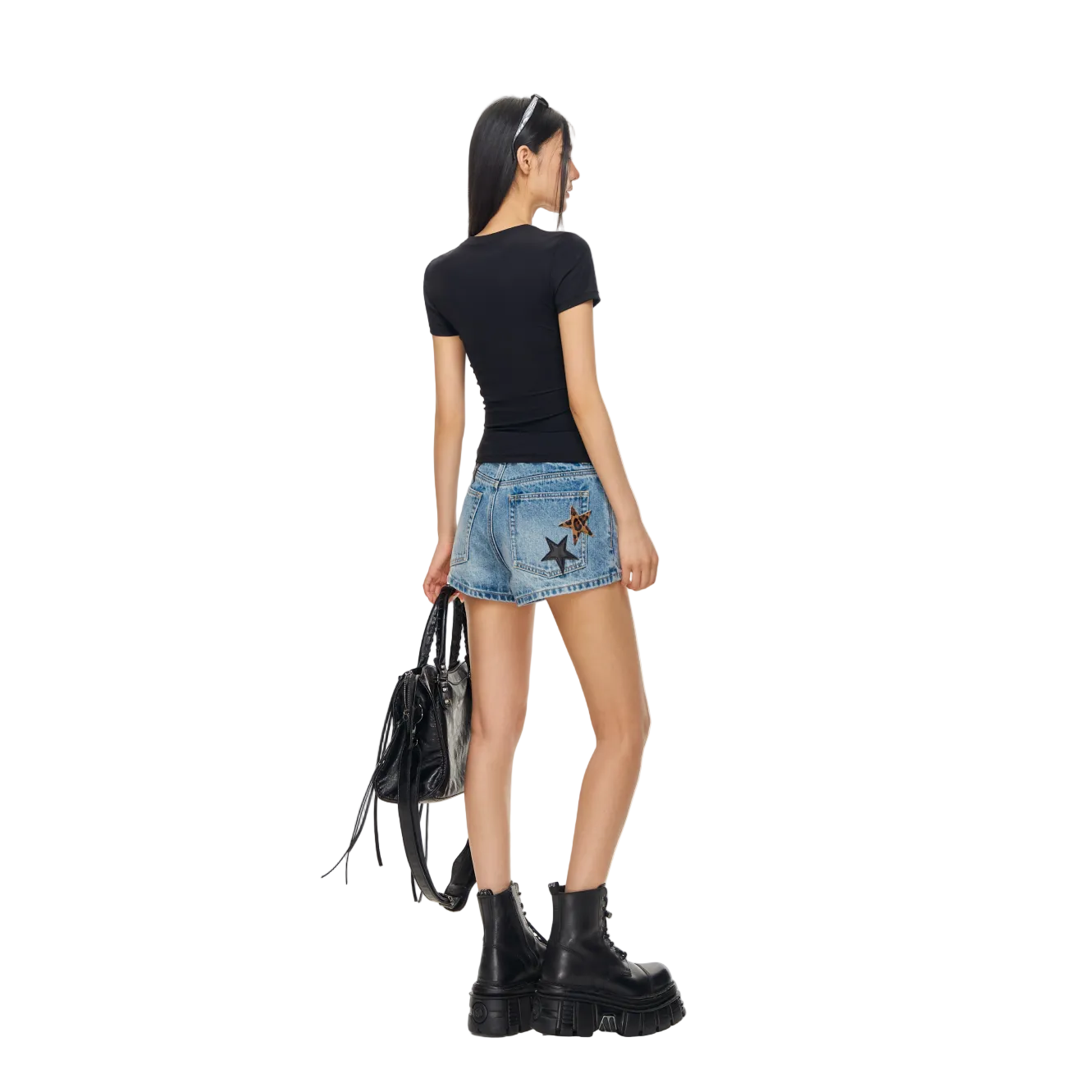 Black Cross Shaped U-Neck Short-Sleeve T-Shirt