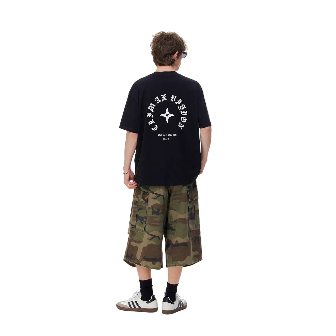 Black Four-Pointed Star Print Short-Sleeve T-Shirt