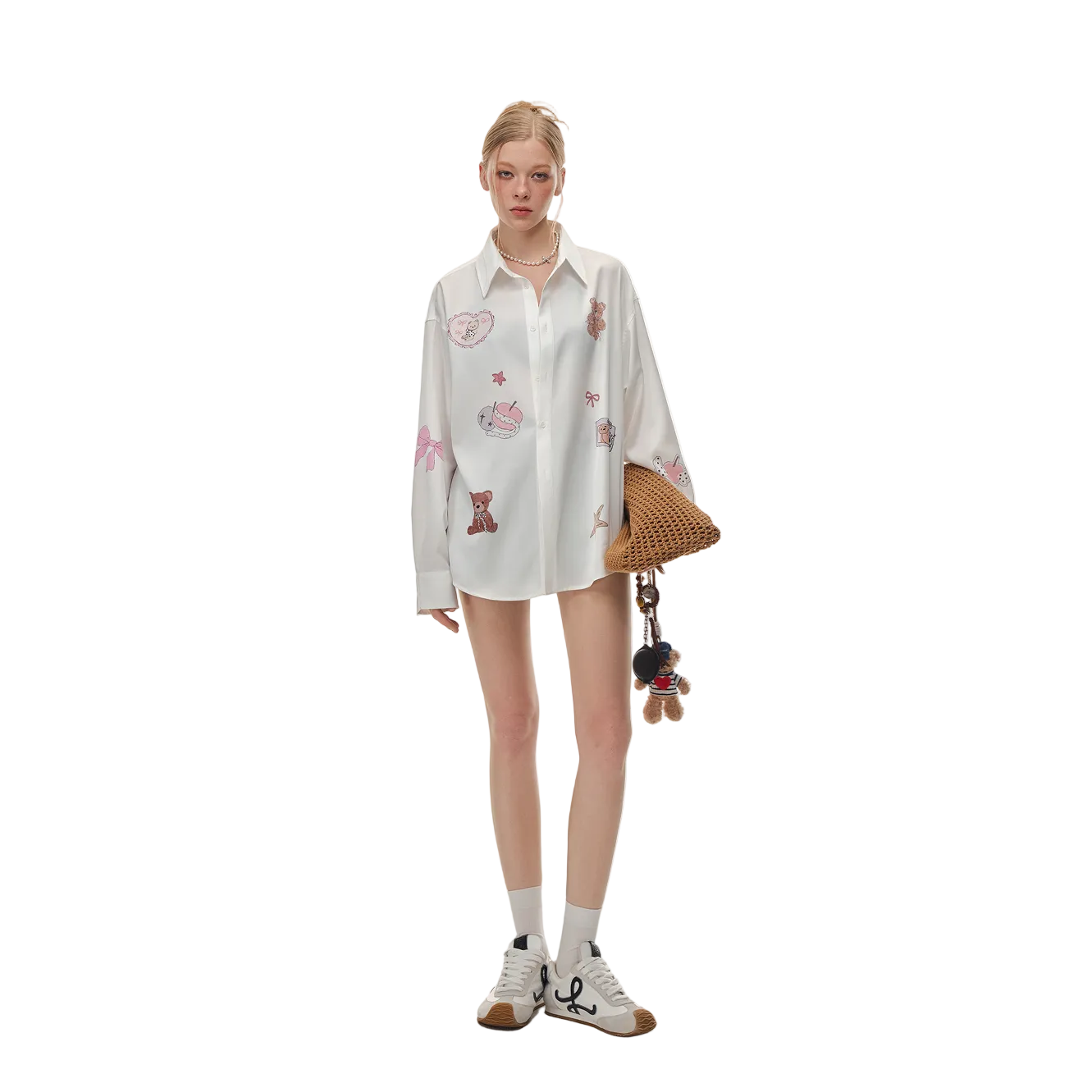 White Acetate Satin Bear Print Shirt