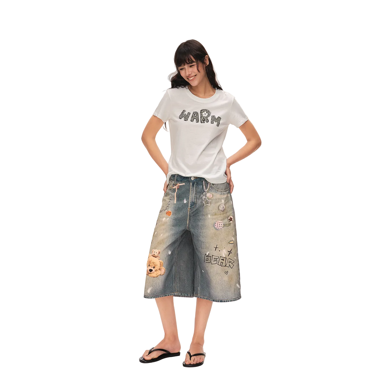 Blue Bear Print Distressed Denim Shorts