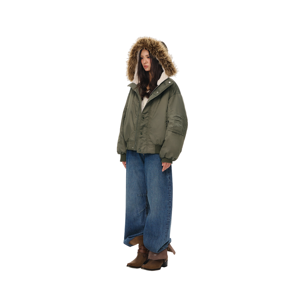 Green Retro Hooded Detachable Fur Collar Jacket Parka