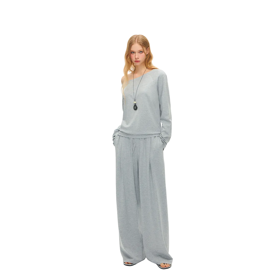 Grey Lyocell Off-Shoulder Lazy Long Sleeve