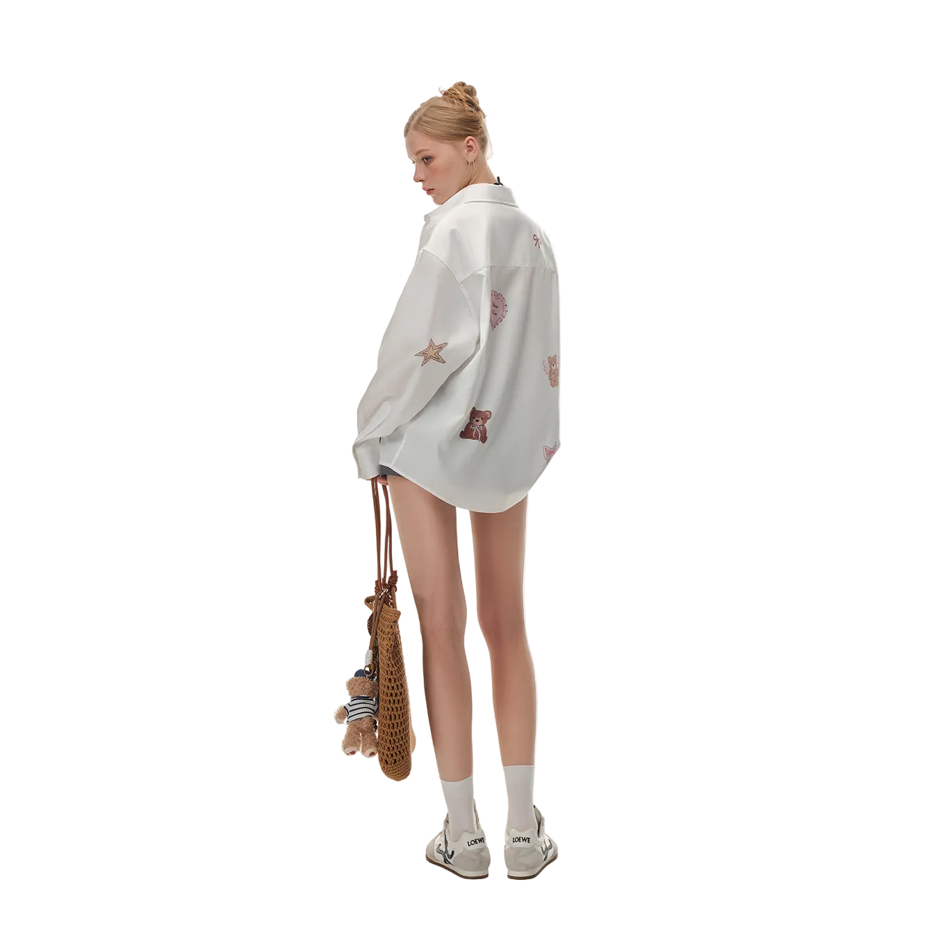 White Acetate Satin Bear Print Shirt