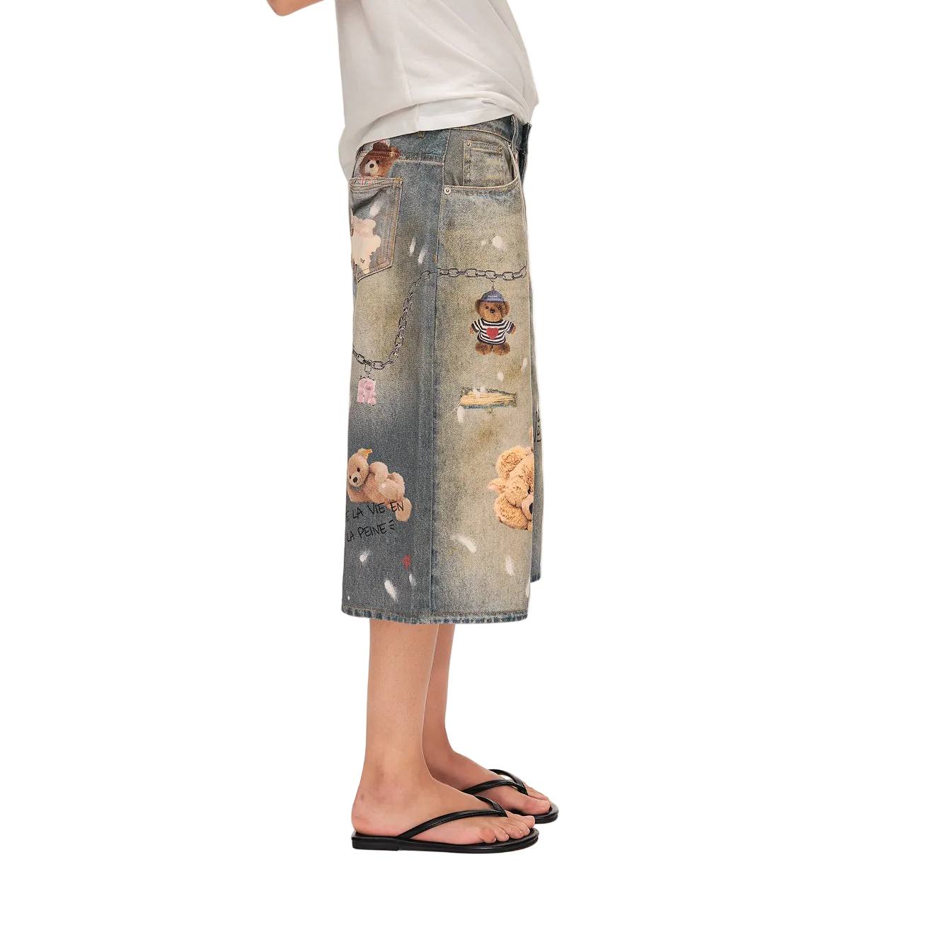 Blue Bear Print Distressed Denim Shorts