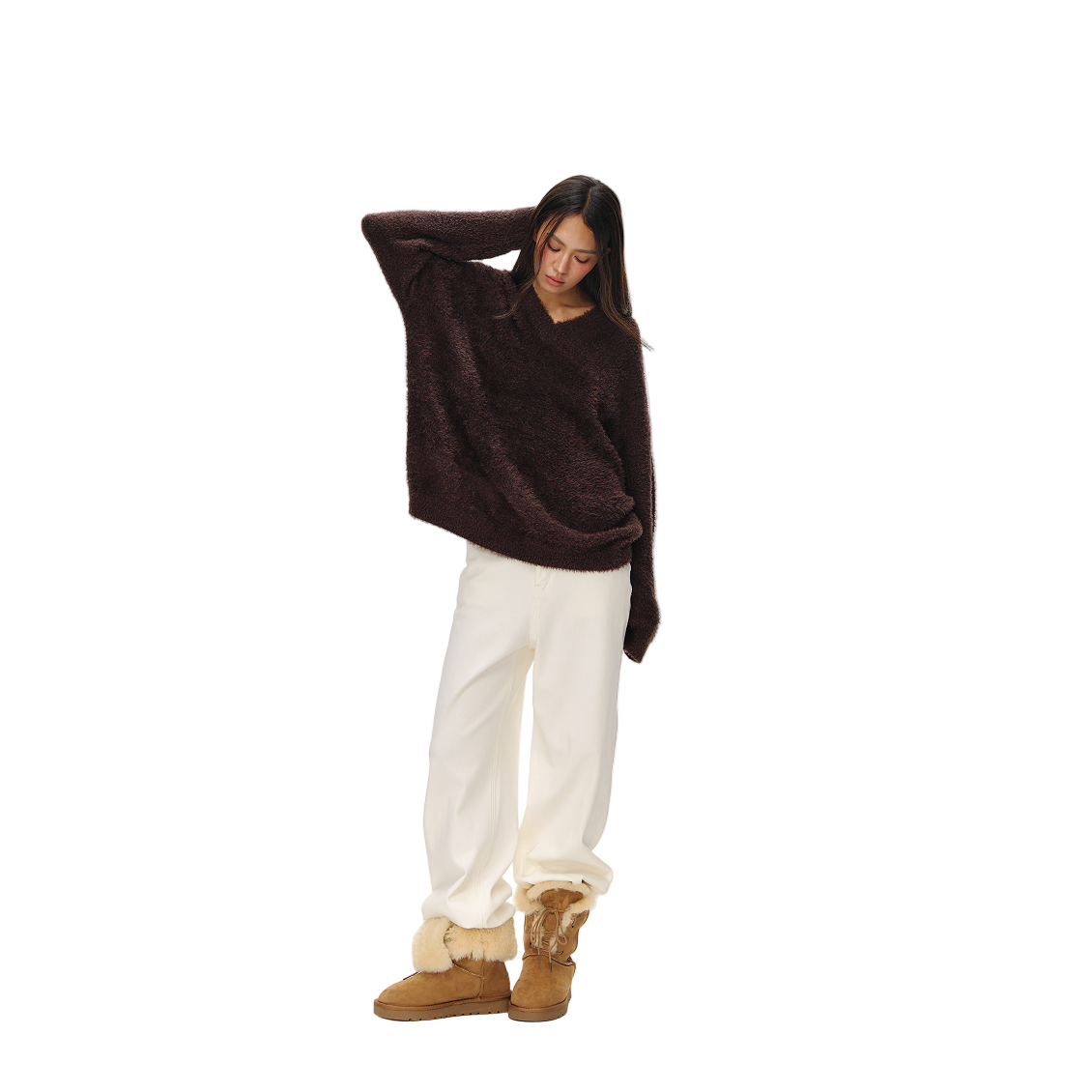 Brown Lazy Style Cloud Fluffy Plush V-Neck Knit Sweater