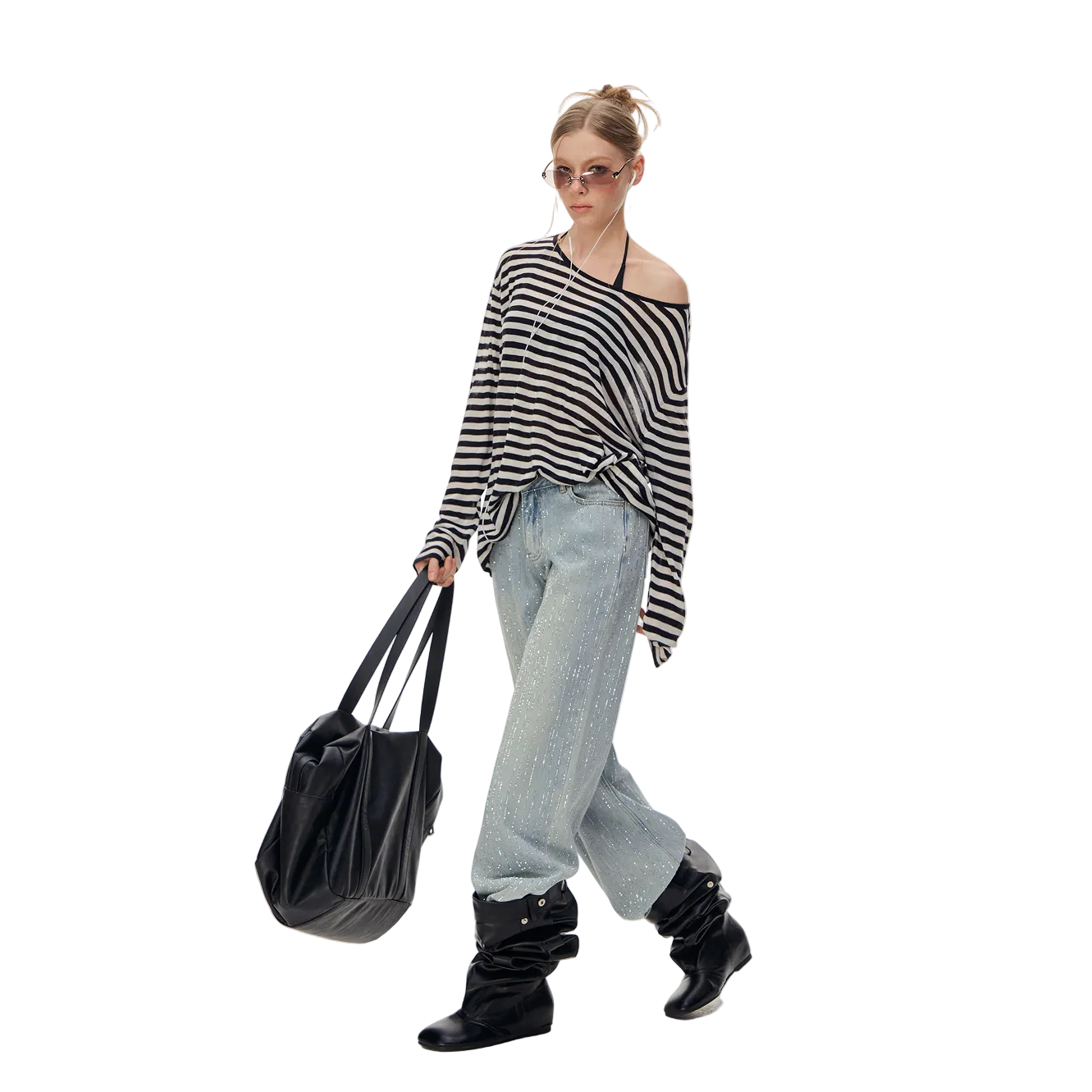 Black Tencel Linen Striped Off-Shoulder Cover-Up T-Shirt