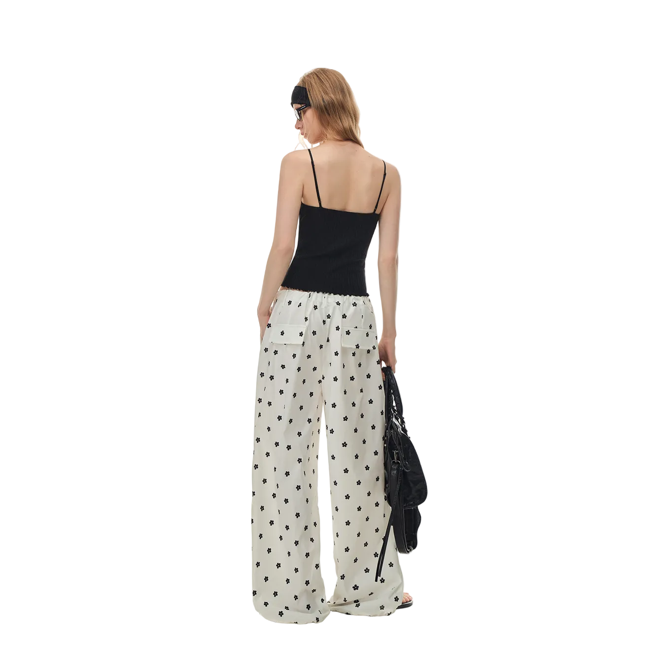 White Printed Double Pleated Drawstring Airy Trousers