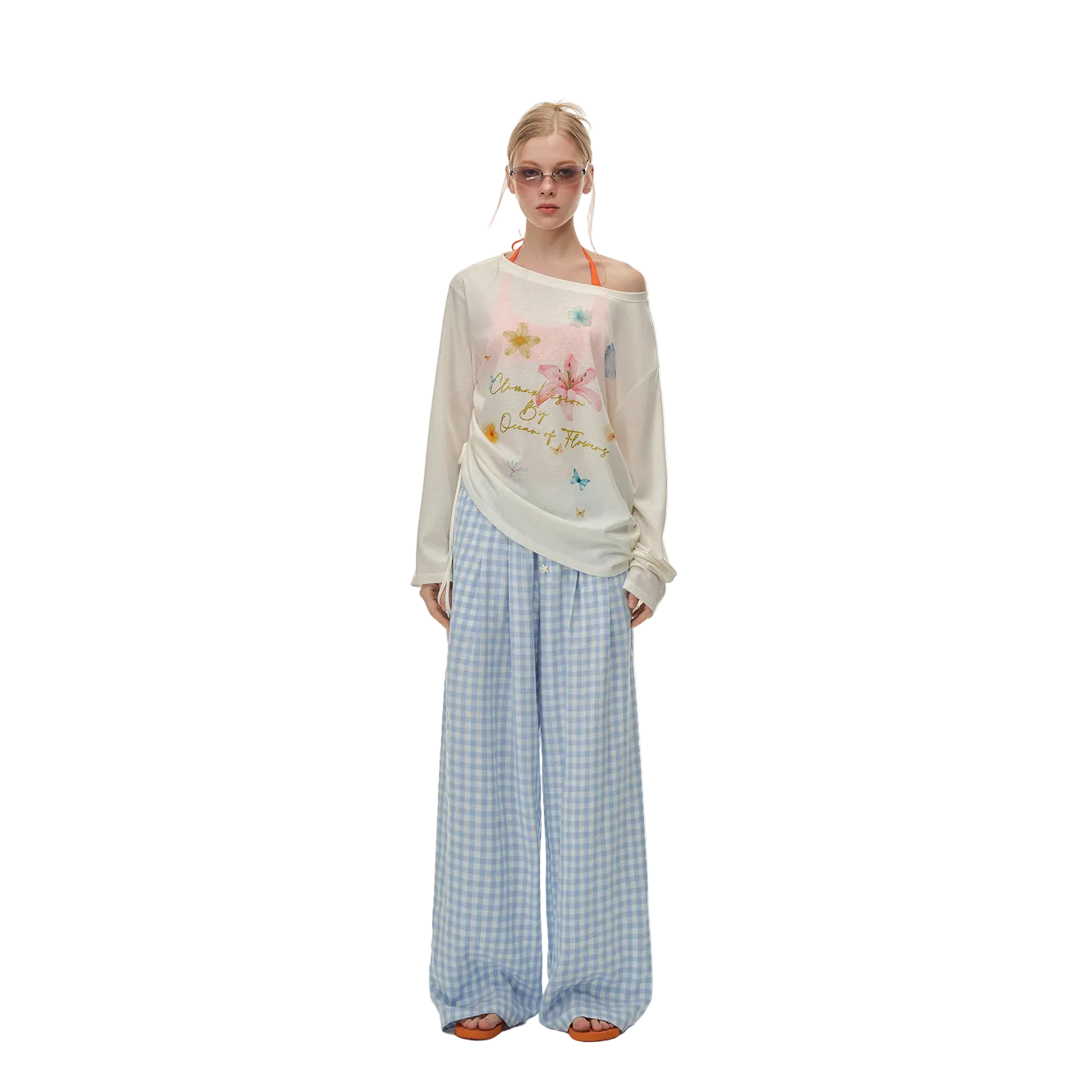 Beige Lyocell Floral Rhinestone Off-Shoulder Long Sleeve