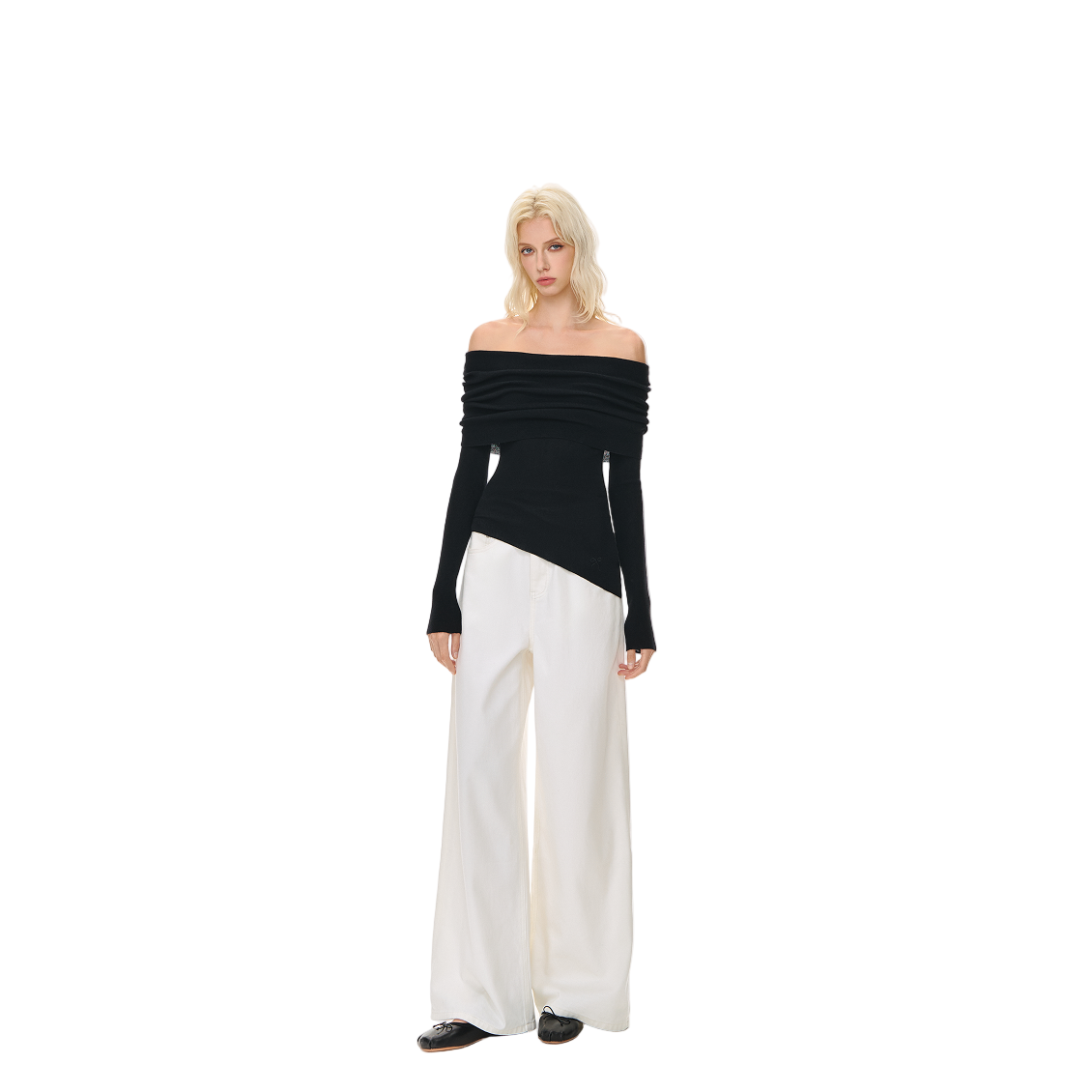 Black Wool Blend Stacked Pleated One-shoulder Knitted Long Sleeves