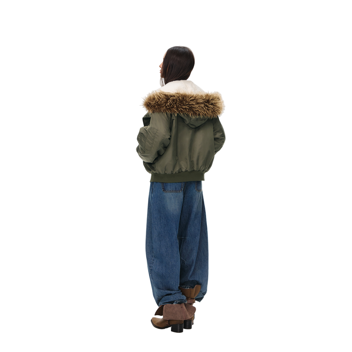 Green Retro Hooded Detachable Fur Collar Jacket Parka