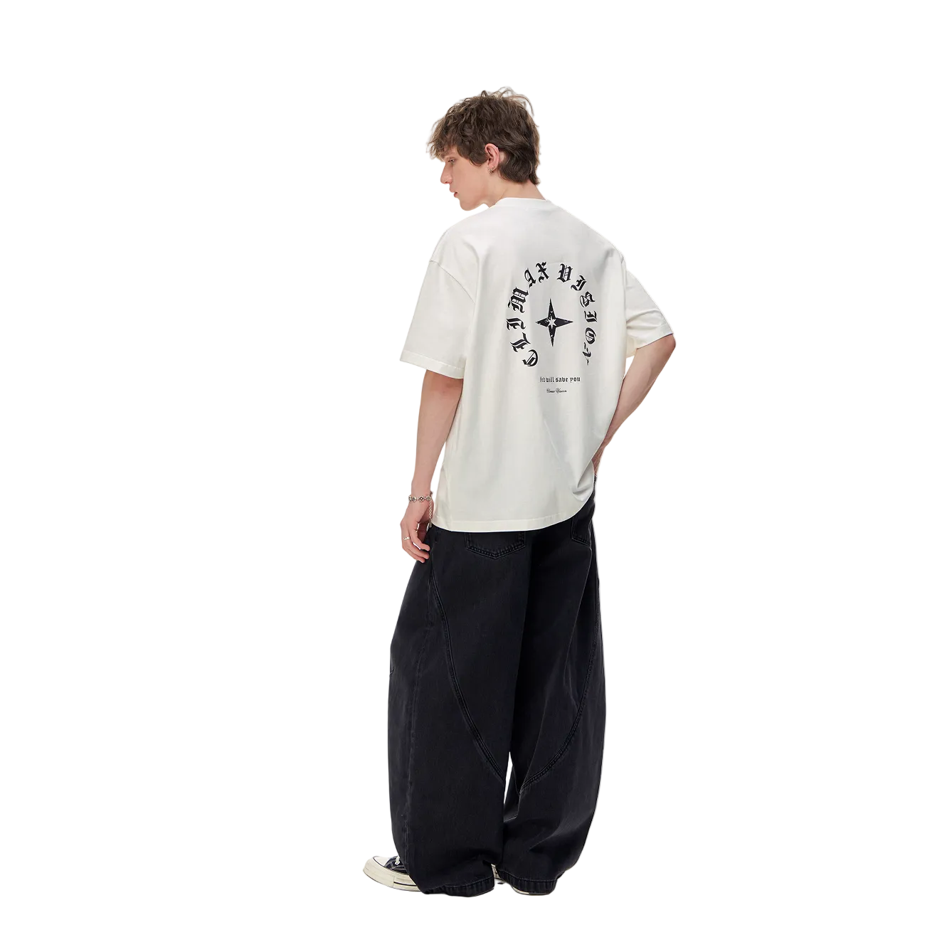 White Four-Pointed Star Print Short-Sleeve T-Shirt