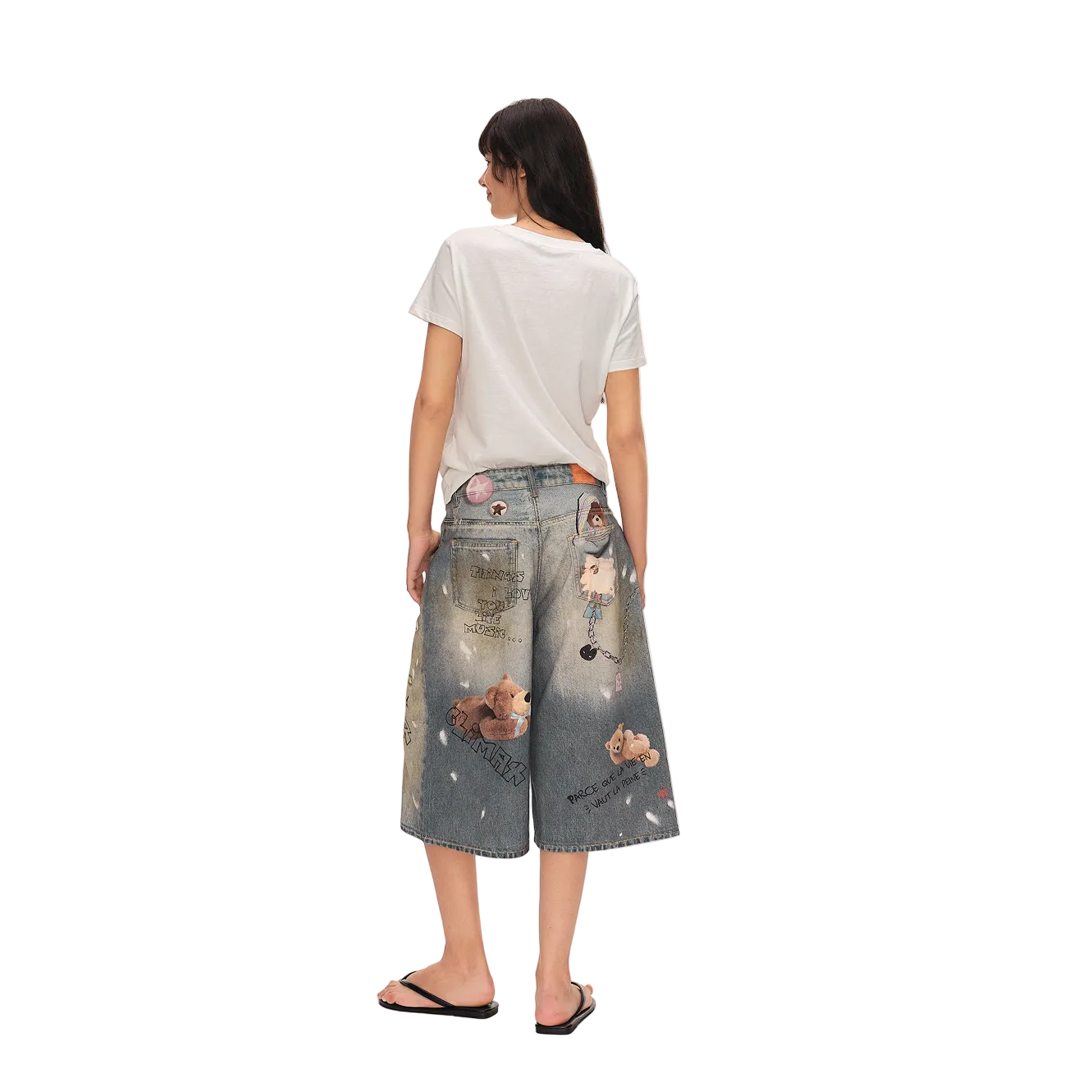 Blue Bear Print Distressed Denim Shorts