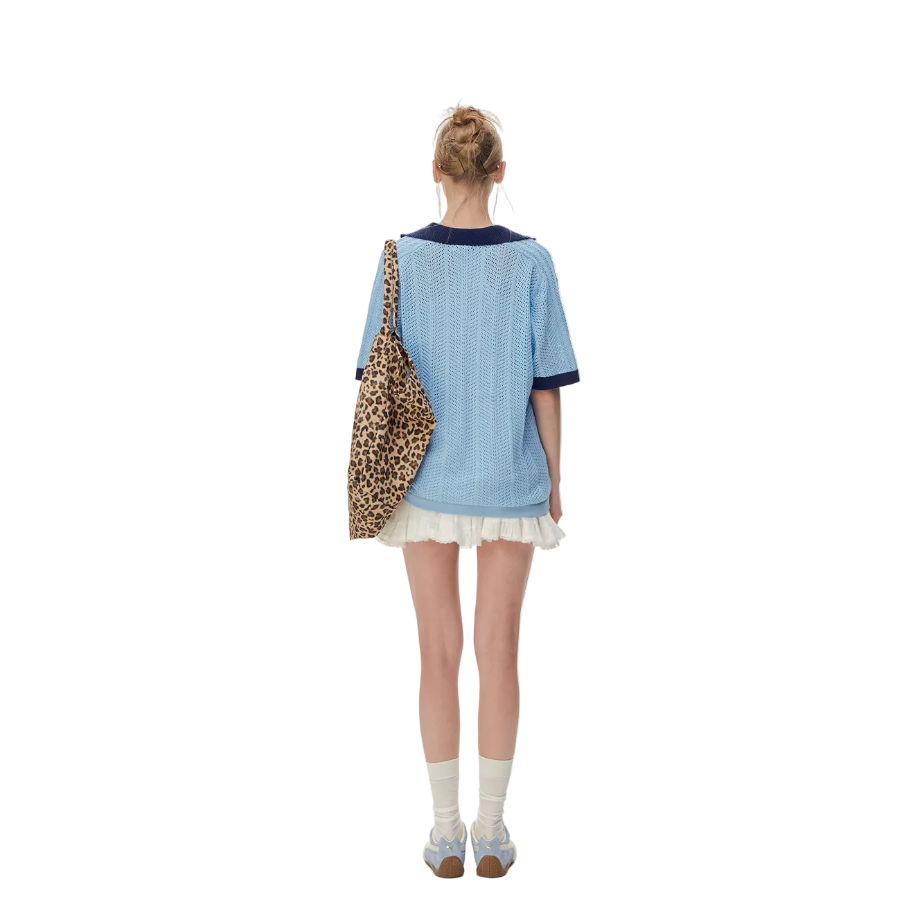 Blue Color Block Polo Collar Hollow-Out Knit Short Sleeve