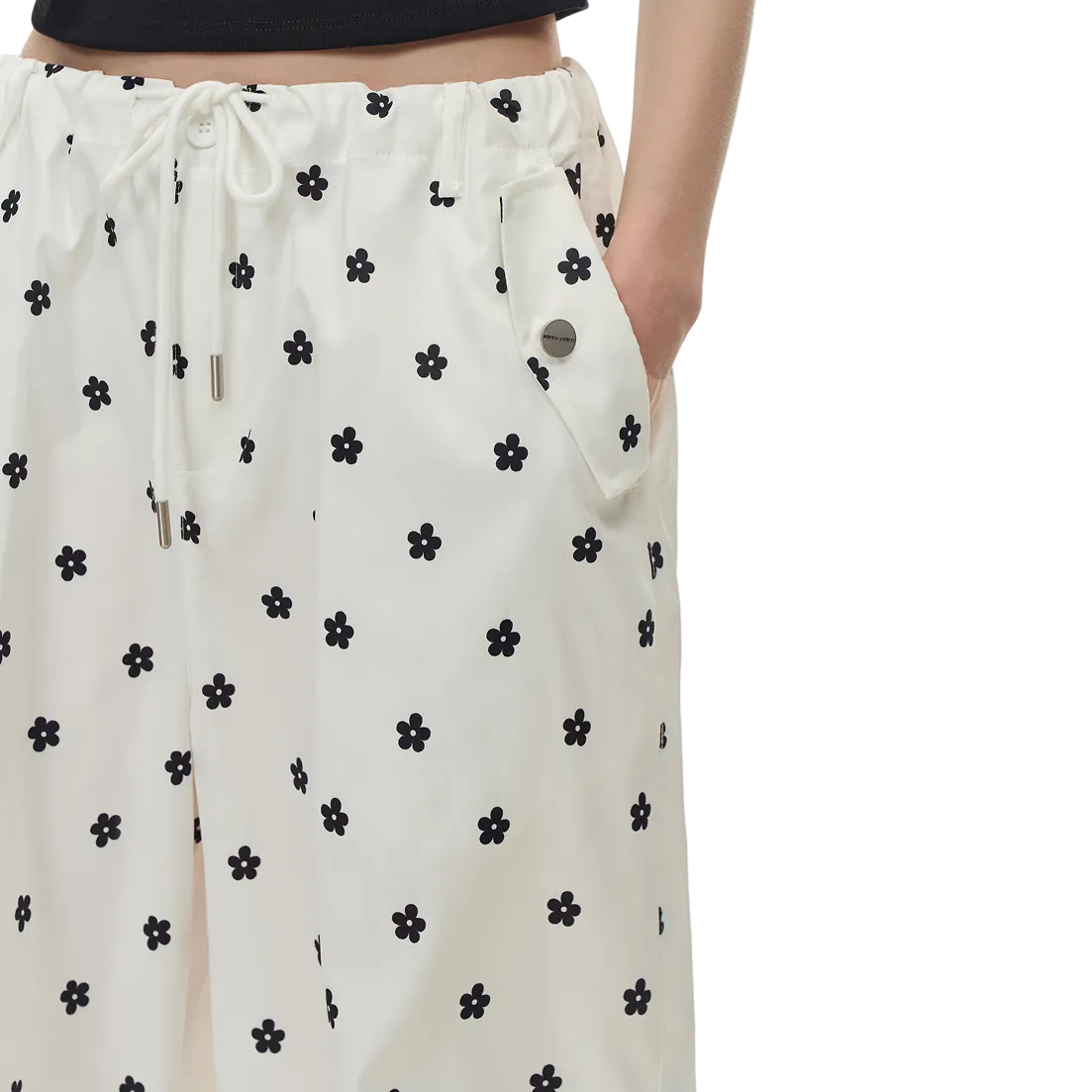 White Printed Double Pleated Drawstring Airy Trousers