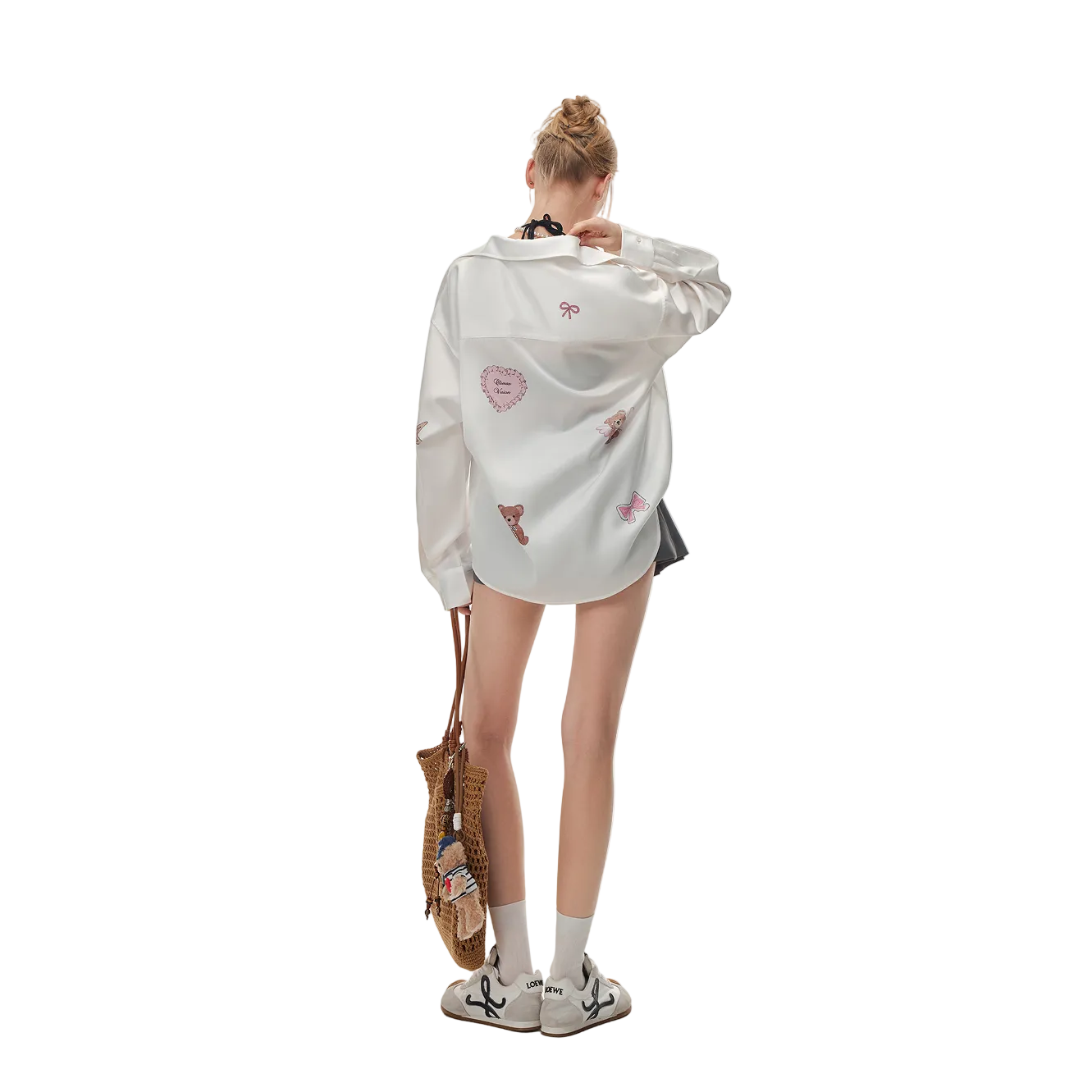 White Acetate Satin Bear Print Shirt