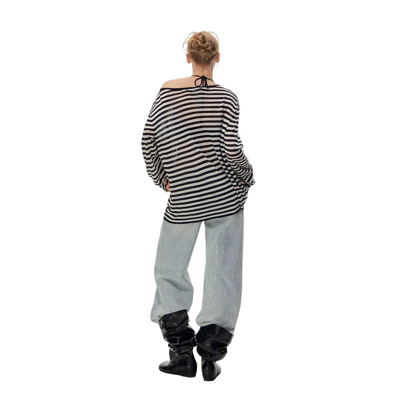 Black Tencel Linen Striped Off-Shoulder Cover-Up T-Shirt
