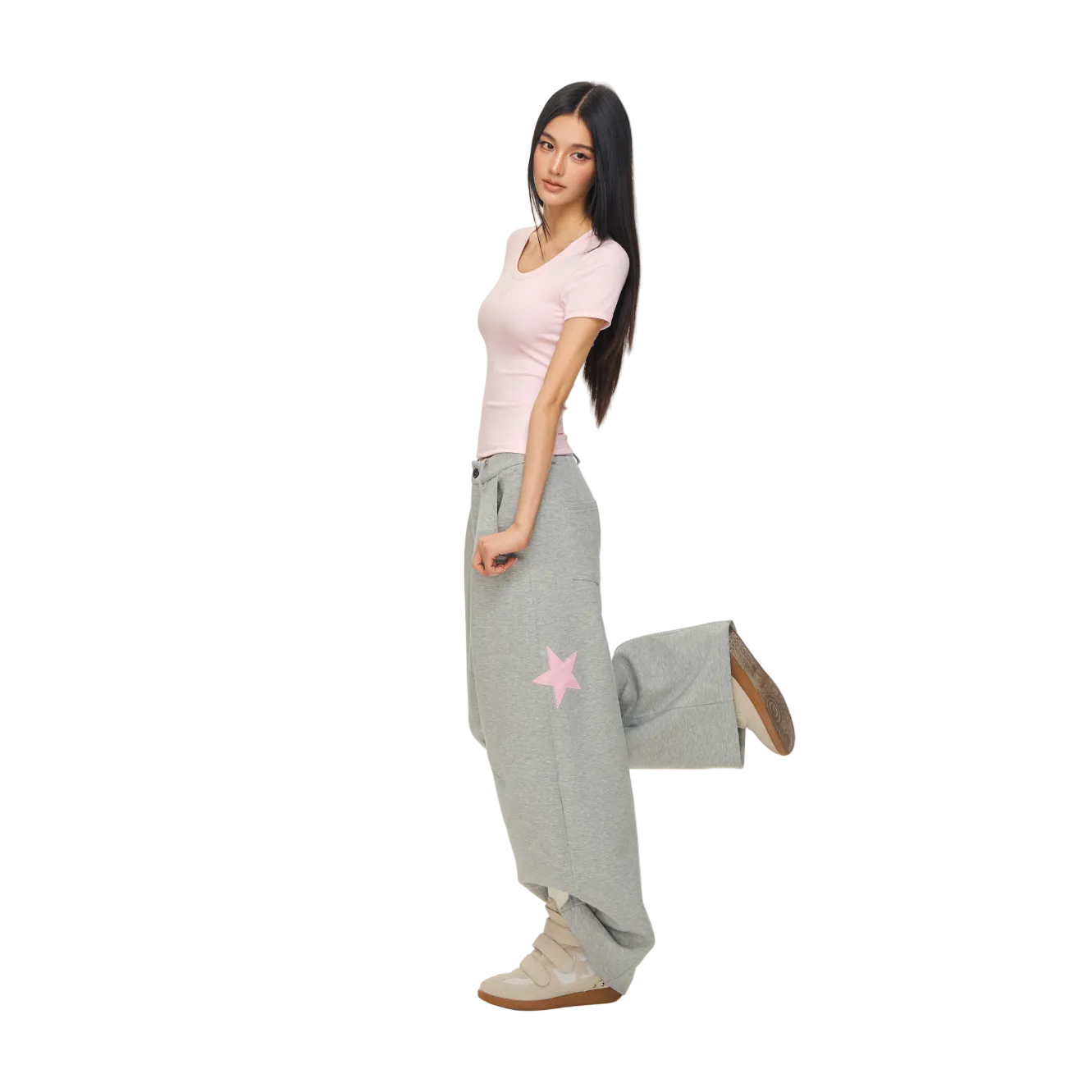 Pink Cross Shaped U-Neck Short-Sleeve T-Shirt