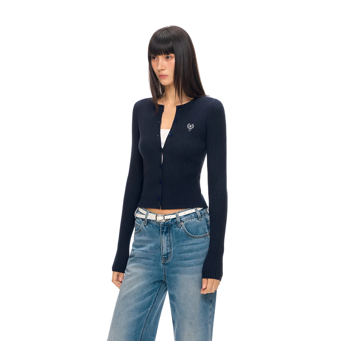 Navy Blue Ribbed Knit Cardigan