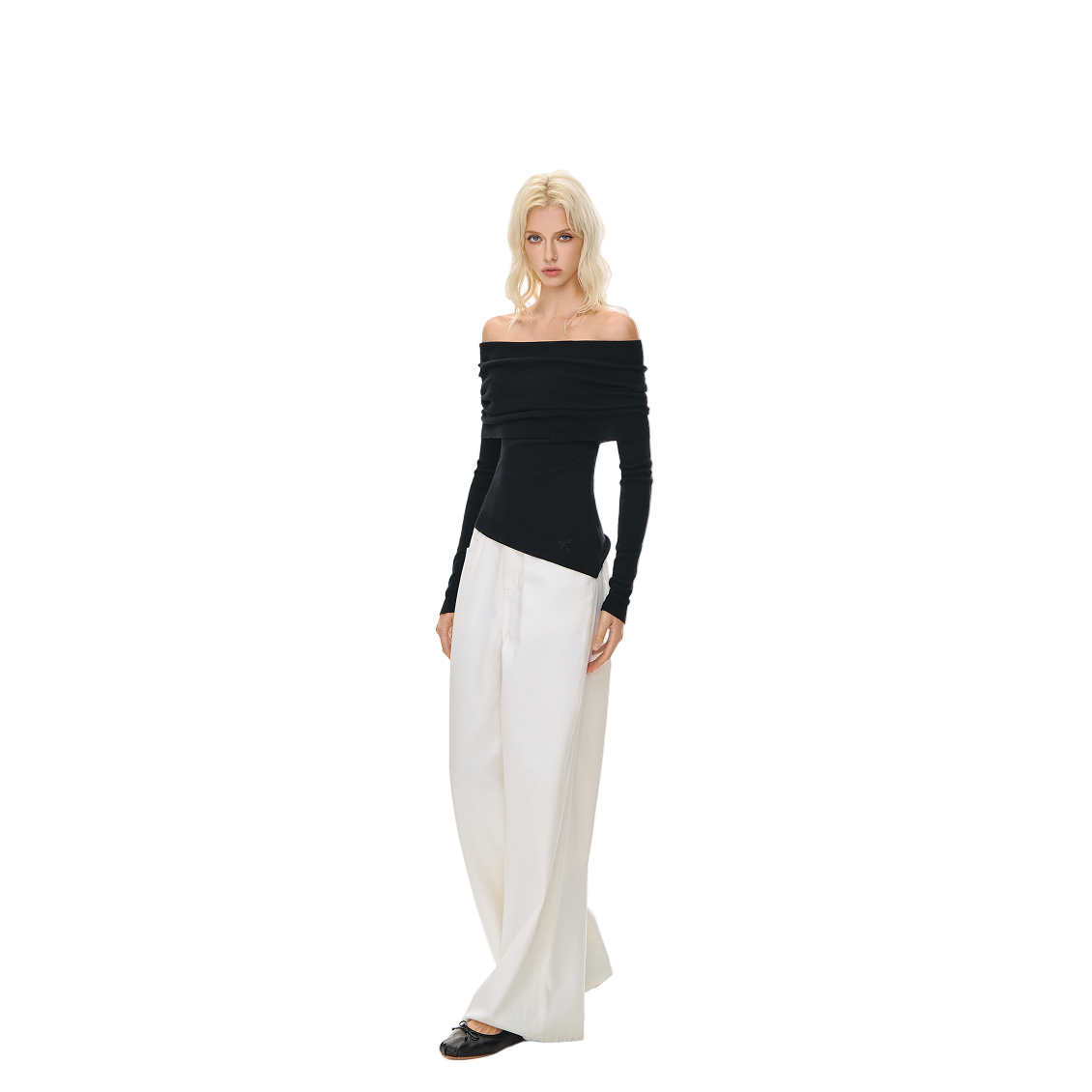 Black Wool Blend Stacked Pleated One-shoulder Knitted Long Sleeves