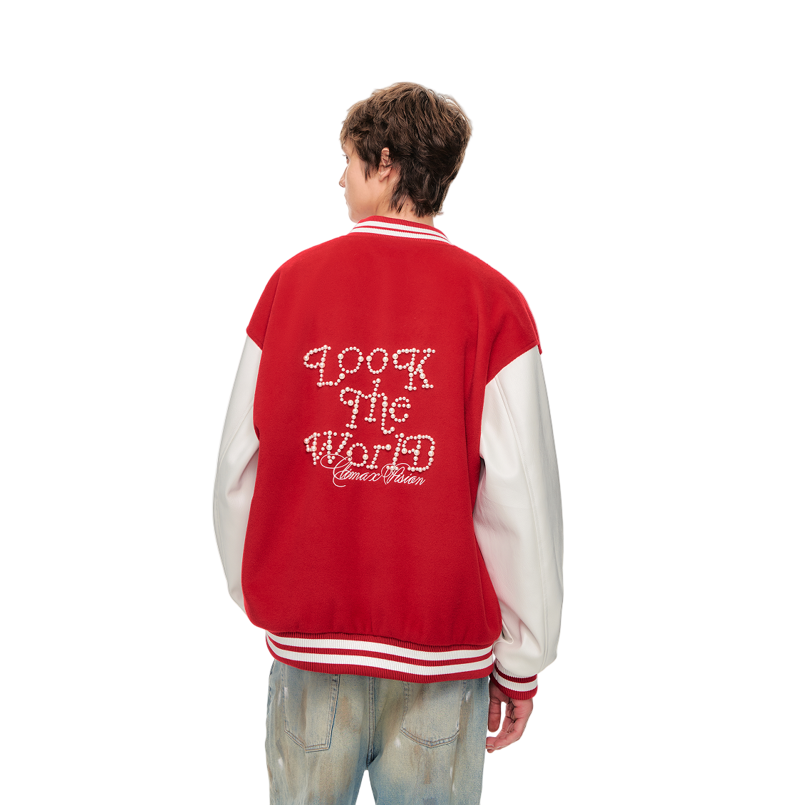 Red Pearl Beaded Embroidery Contrast Color Baseball Jacket