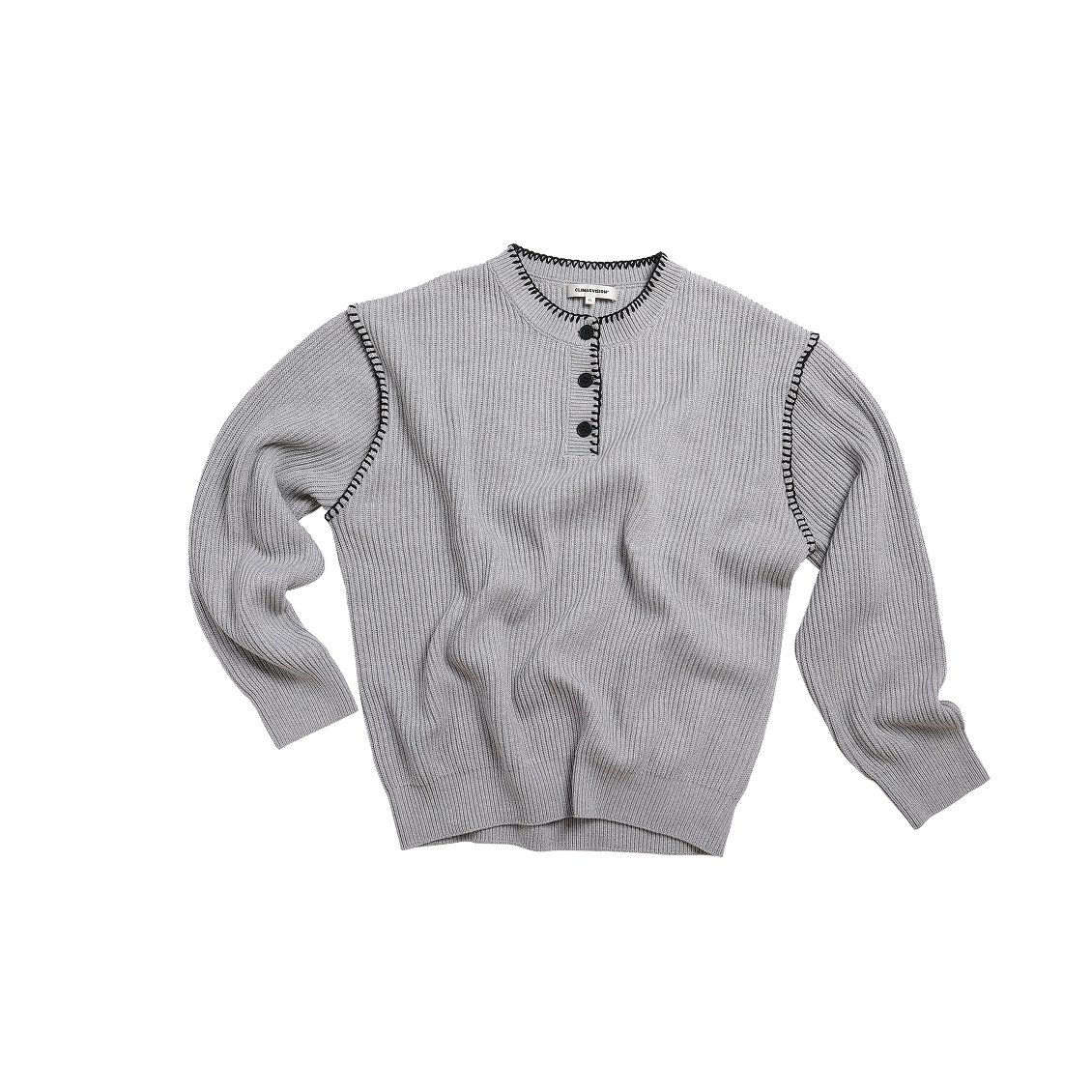 Grey Color Block Henley Neckline Ribbed Knit Sweater