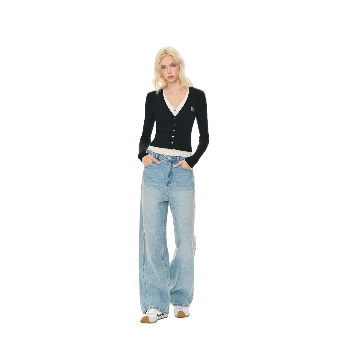 Tencel Wool Embroidered Fake Two-Piece V-Neck Knitted Cardigan In Black