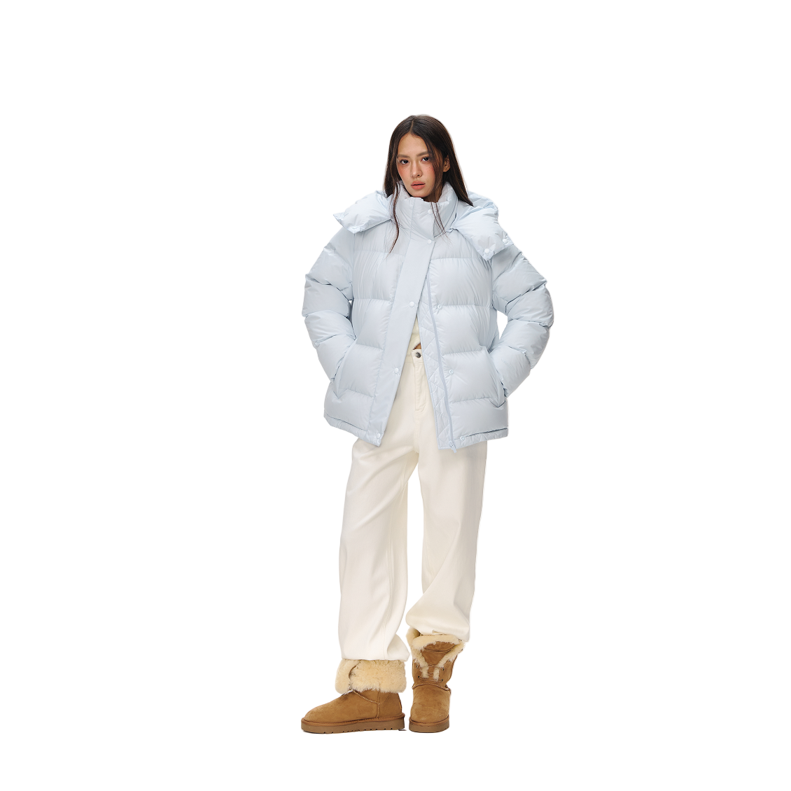 Blue Detachable High-Neck Hooded Warm Down Jacket