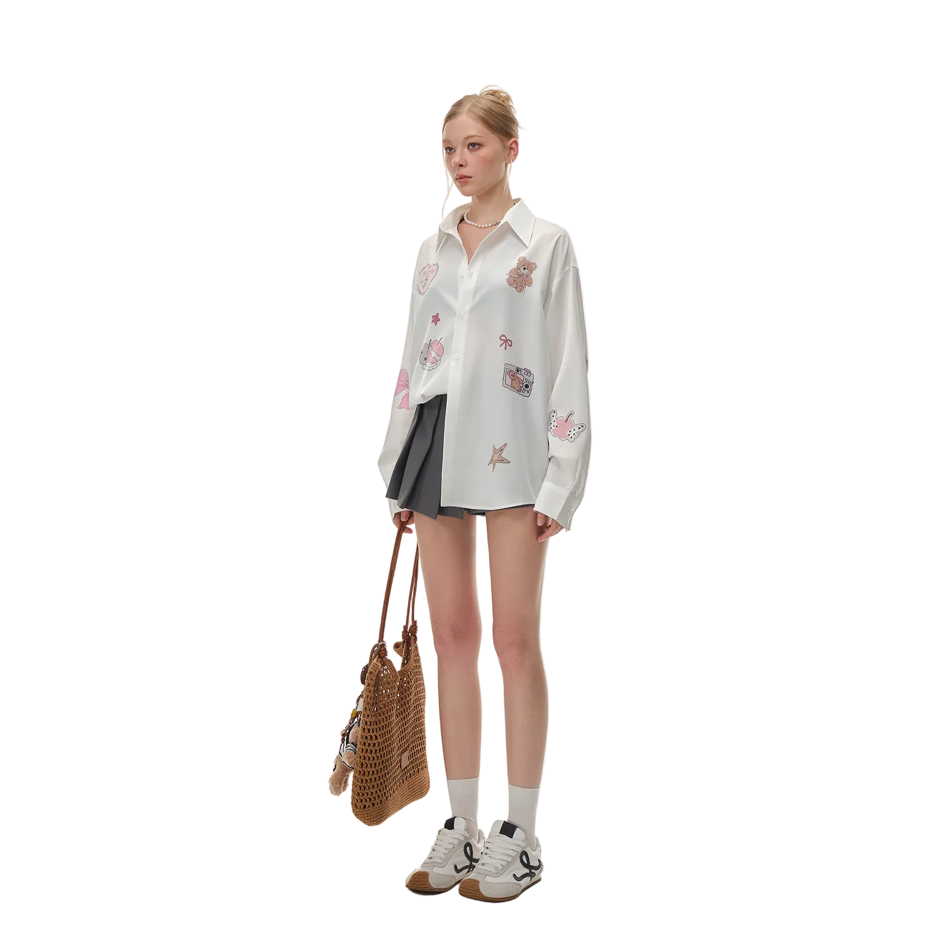 White Acetate Satin Bear Print Shirt