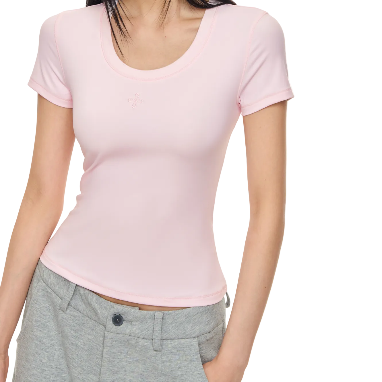 Pink Cross Shaped U-Neck Short-Sleeve T-Shirt