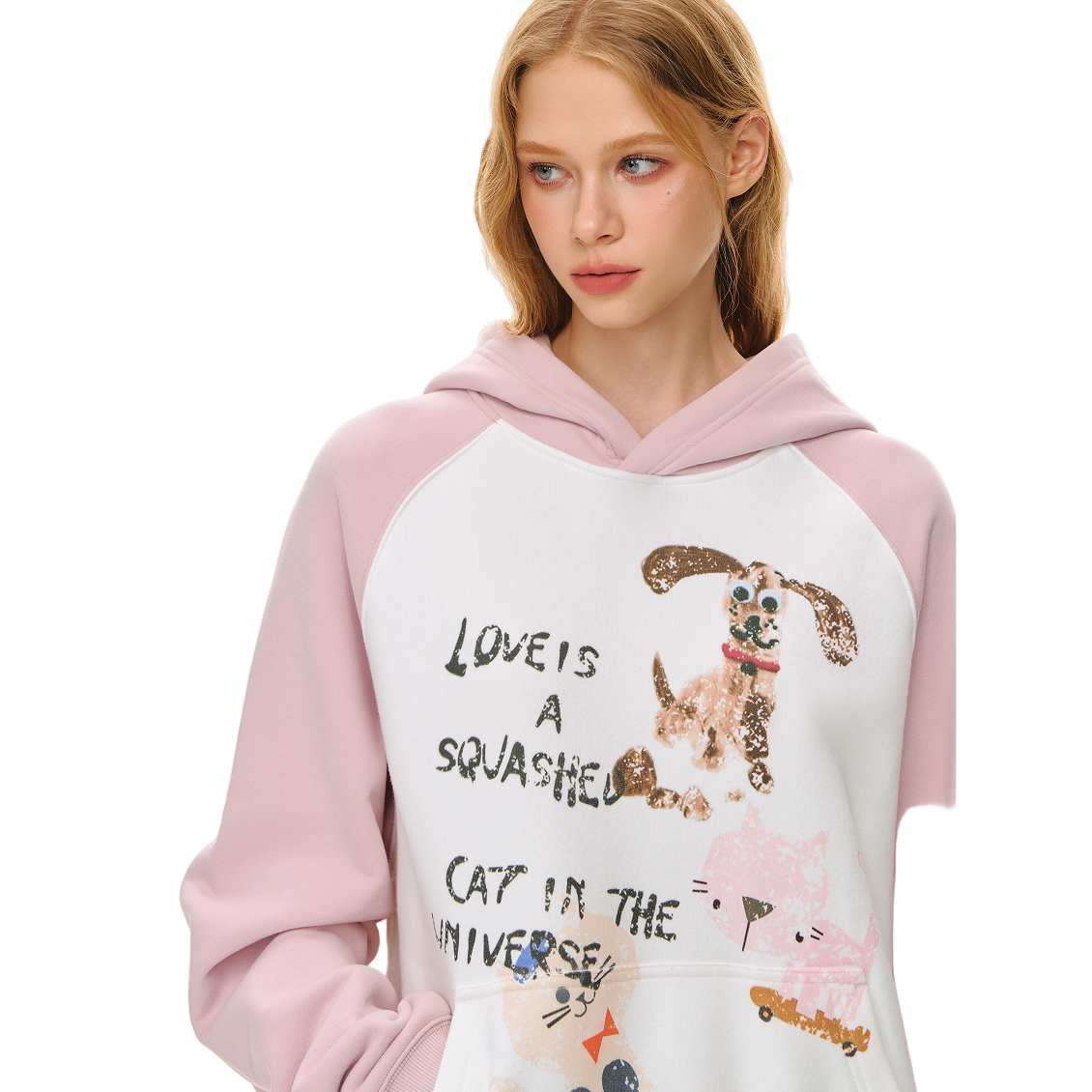 Pink Hand-painted Graffiti Print Raglan Hooded Sweatshirt