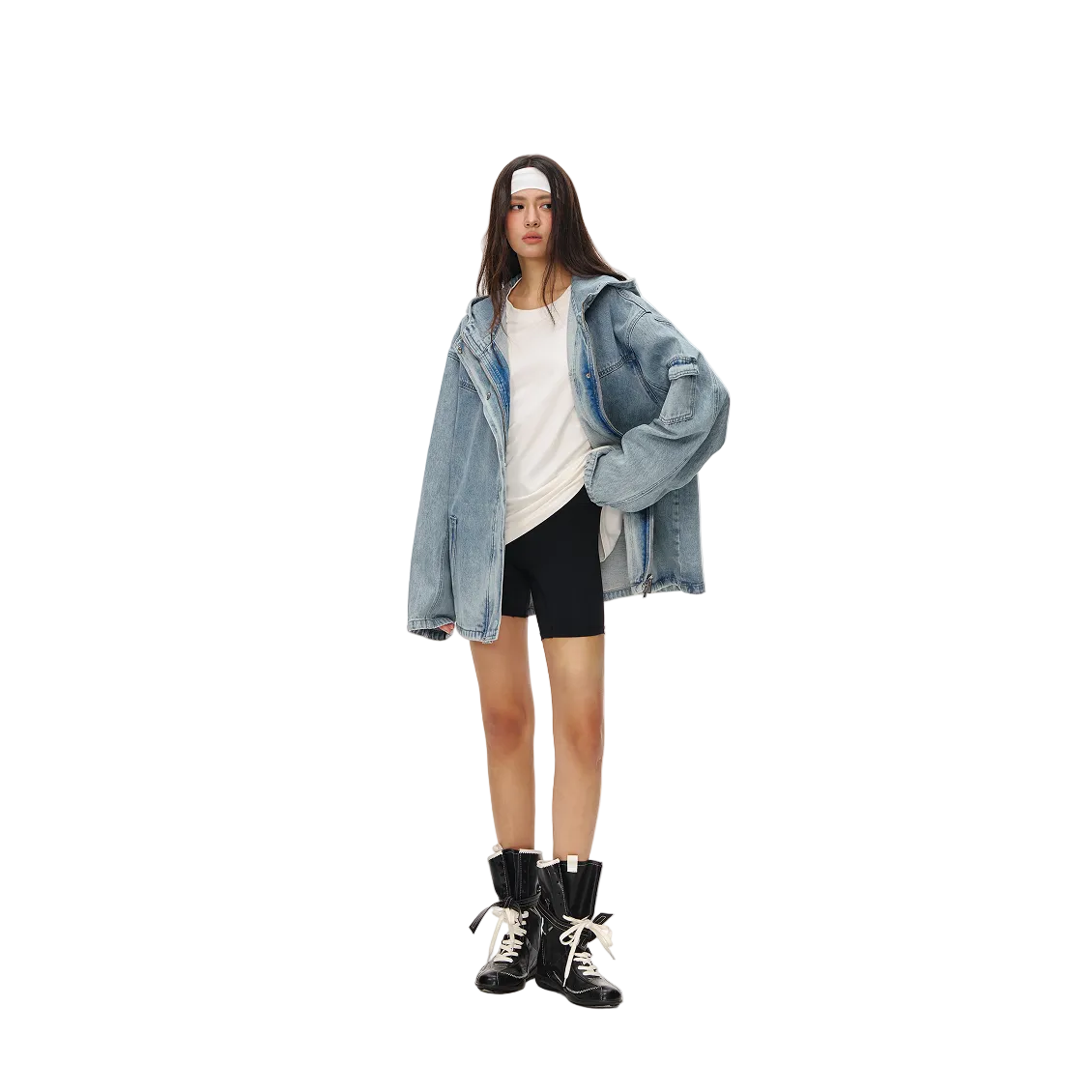 Blue Retro Zip-Up Hooded Denim Jacket