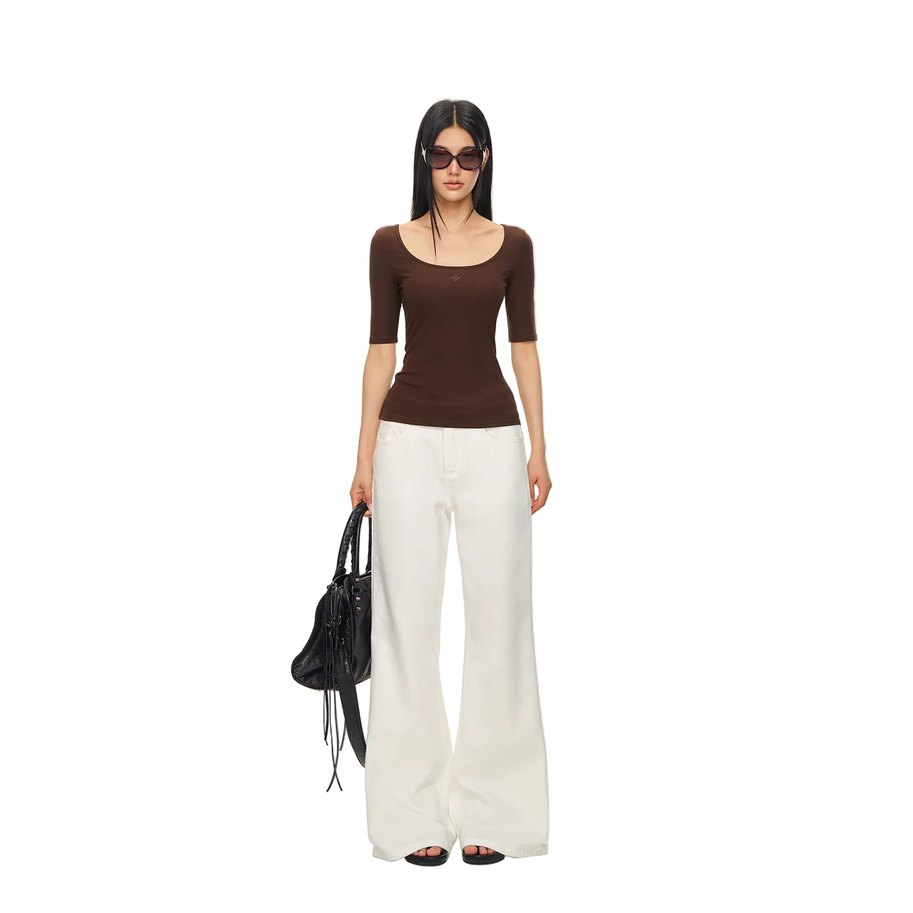 Brown Lyocell Cross Mid-Sleeve T-Shirt