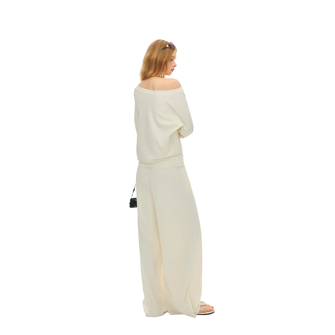 Beige Lyocell Off-Shoulder Lazy Long Sleeve