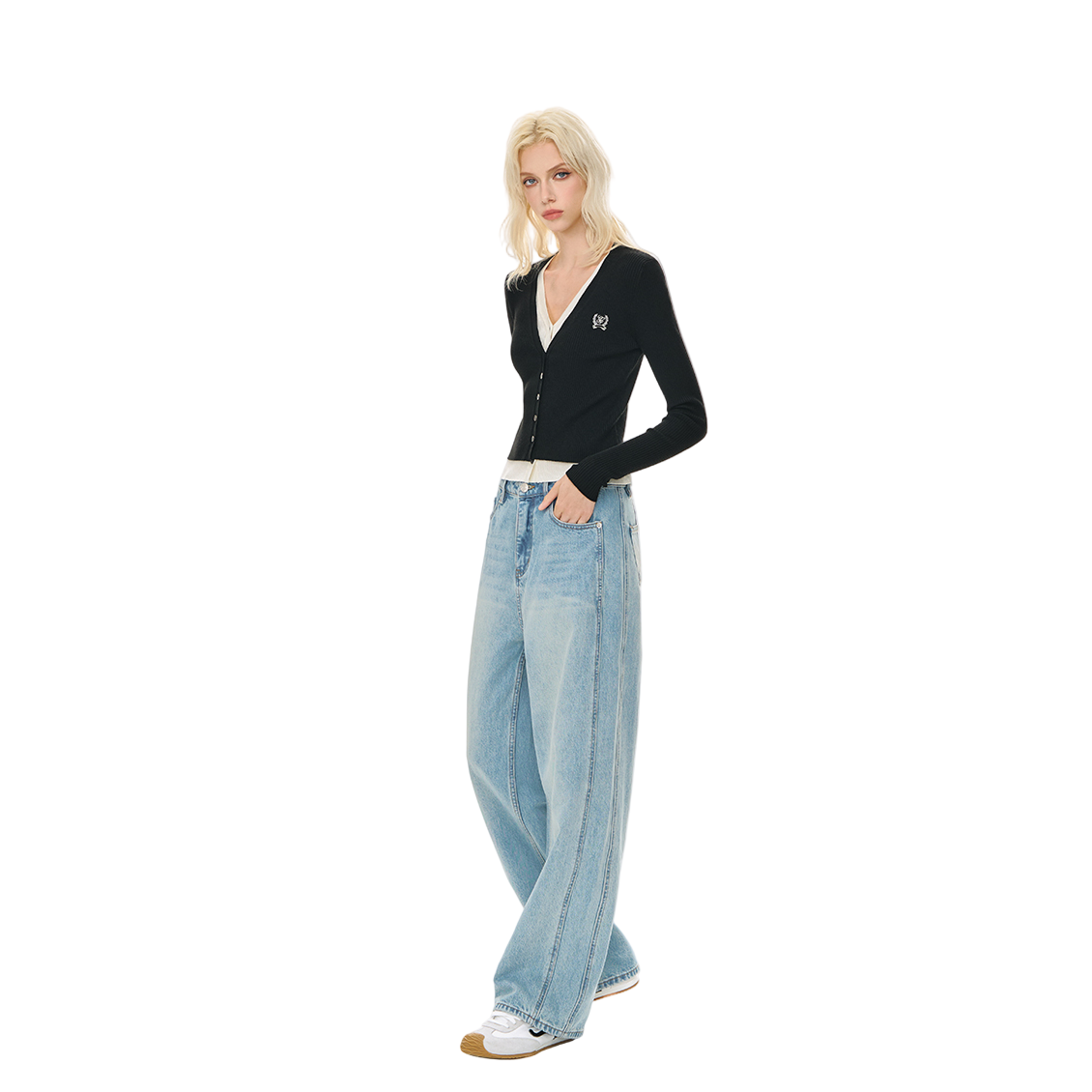 Tencel Wool Embroidered Fake Two-Piece V-Neck Knitted Cardigan In Black