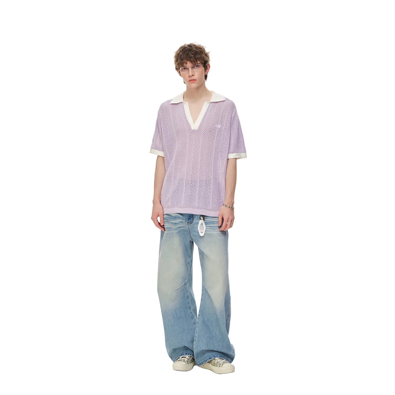 Purple Color Block Polo Collar Hollow-Out Knit Short-Sleeve