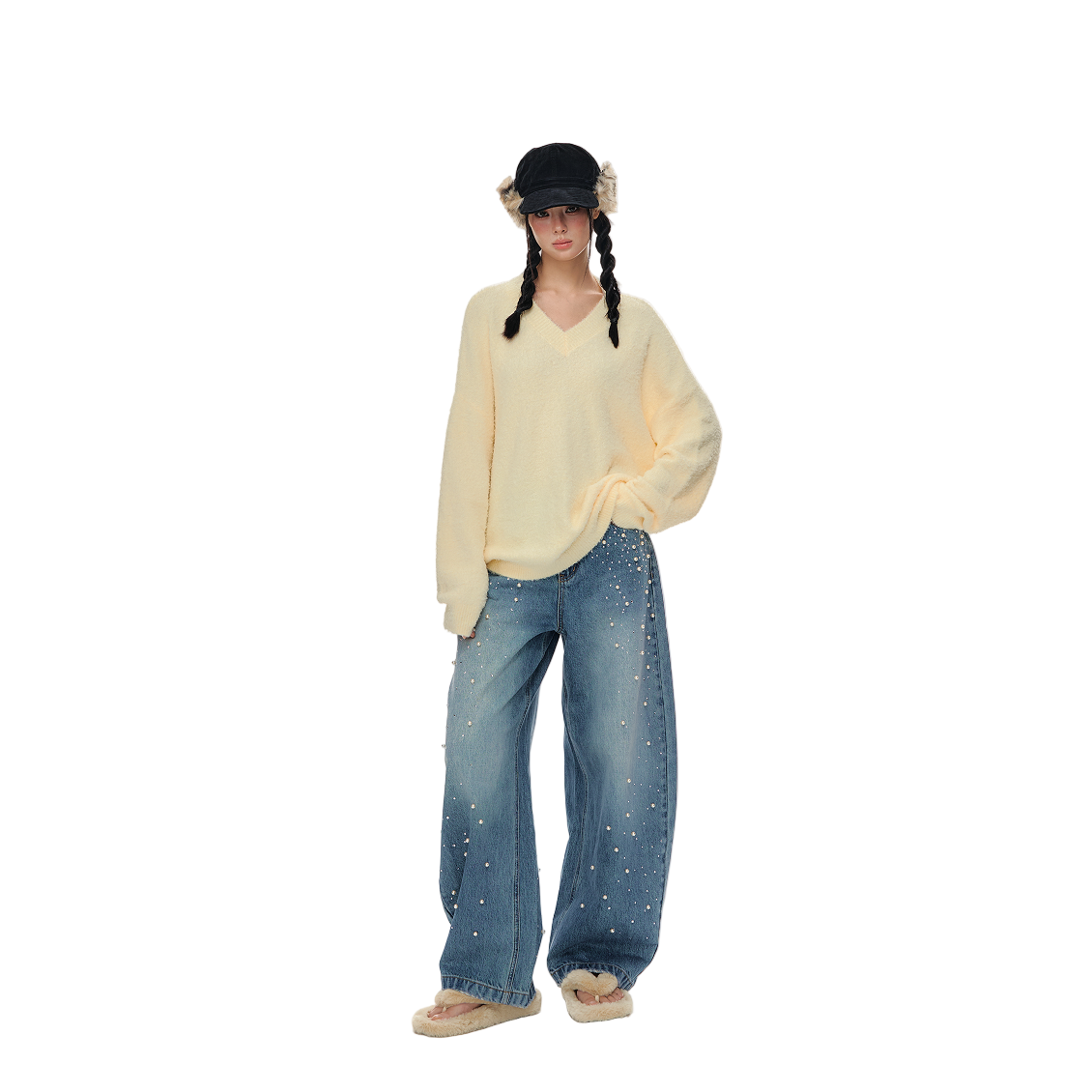 Yellow Lazy Style Cloud Fluffy Plush V-Neck Knit Sweater