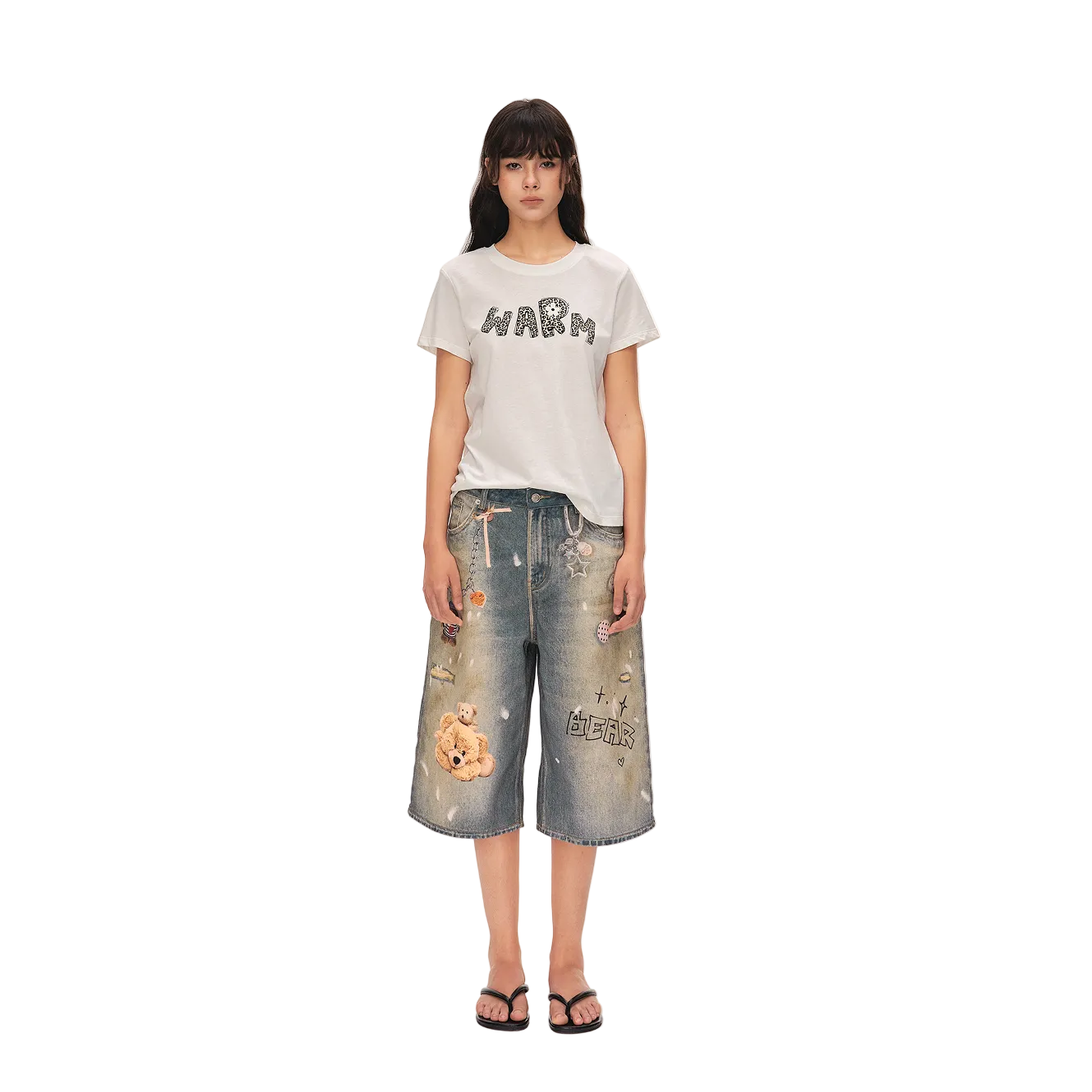 White Linen Leopard Print Letter Print Short-Sleeve T-Shirt