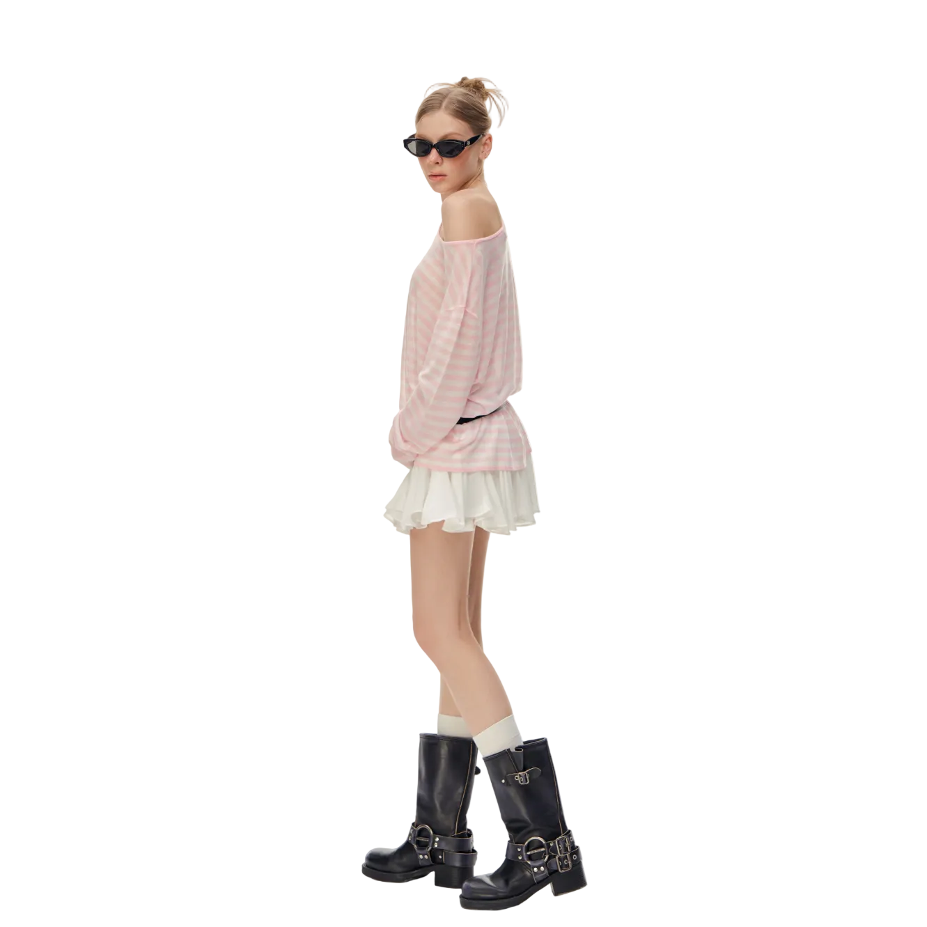 Pink Tencel Linen Striped Off-Shoulder Cover-Up T-Shirt