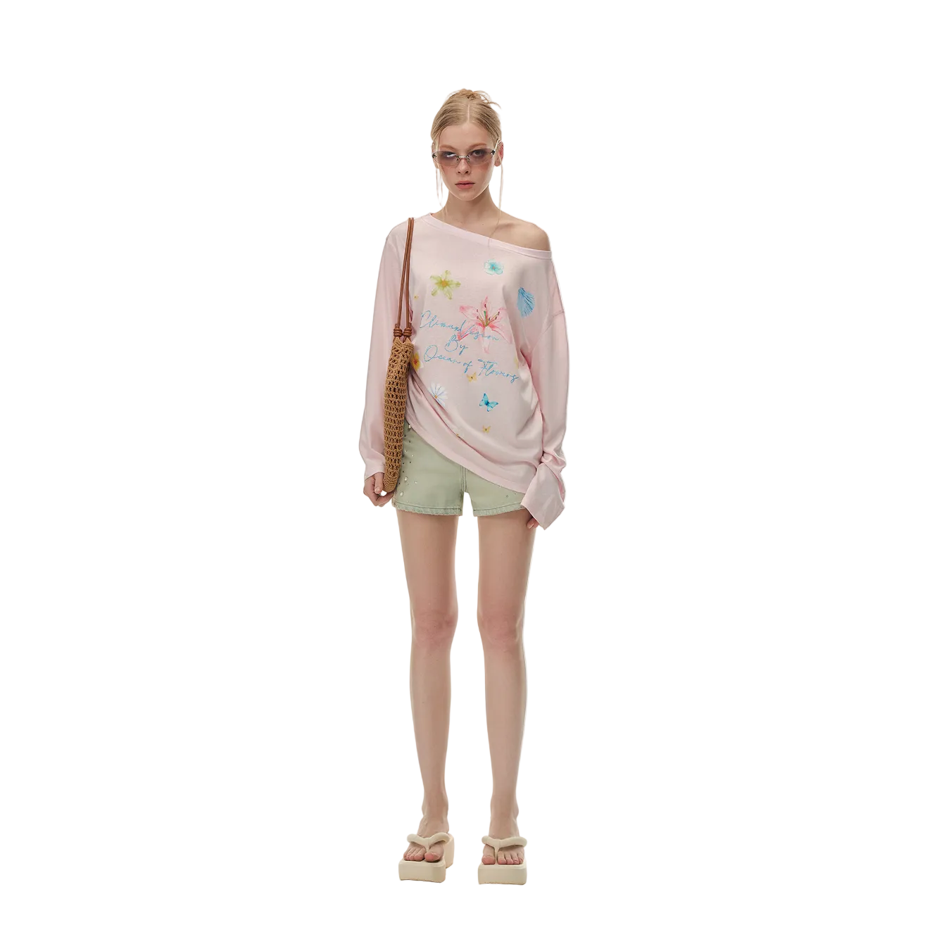 Pink Lyocell Floral Rhinestone Off-Shoulder Long Sleeve