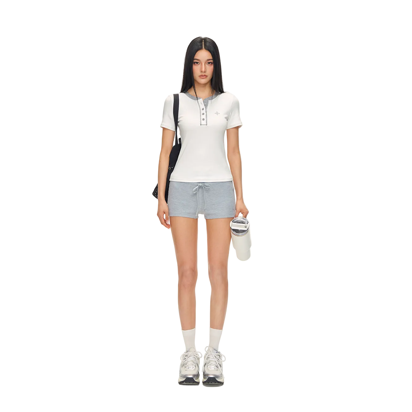 White Cross Contrast Henley Collar Slim Fit Short Sleeve