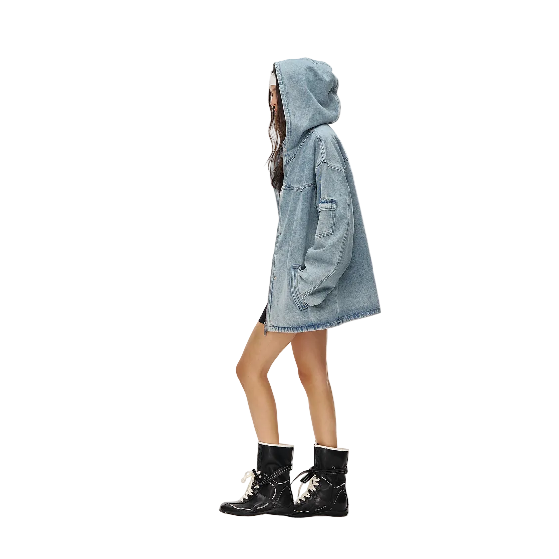 Blue Retro Zip-Up Hooded Denim Jacket